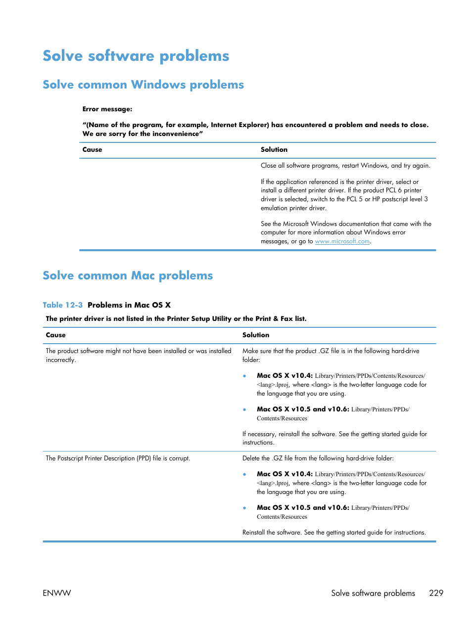 Solve software problems, Solve common windows problems, Solve common mac problems | HP laserjet m1212nf User Manual | Page 243 / 284