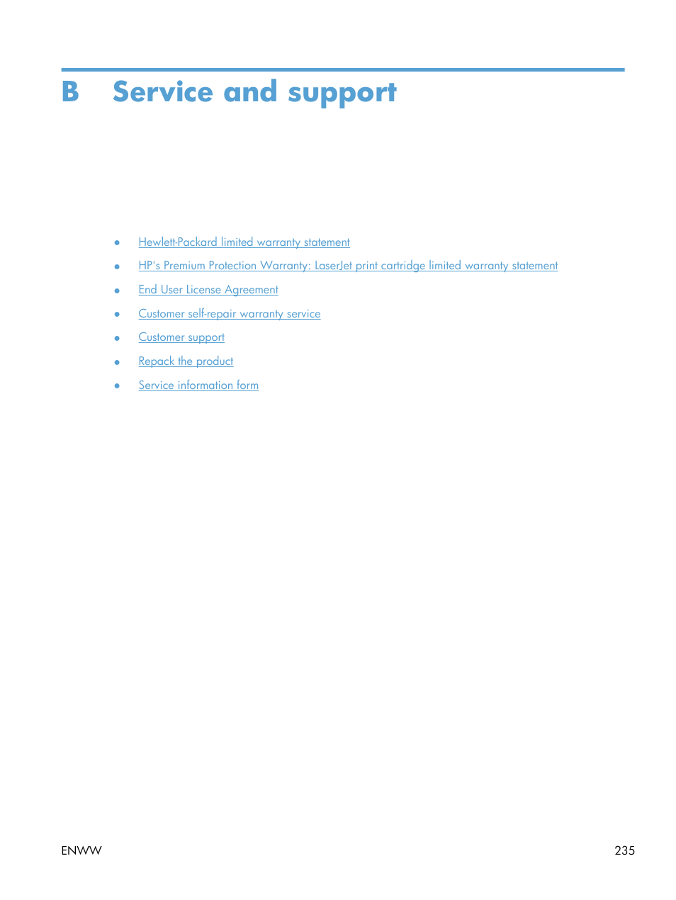 Service and support, Appendix b service and support, B service and support | HP laserjet m1212nf User Manual | Page 249 / 284