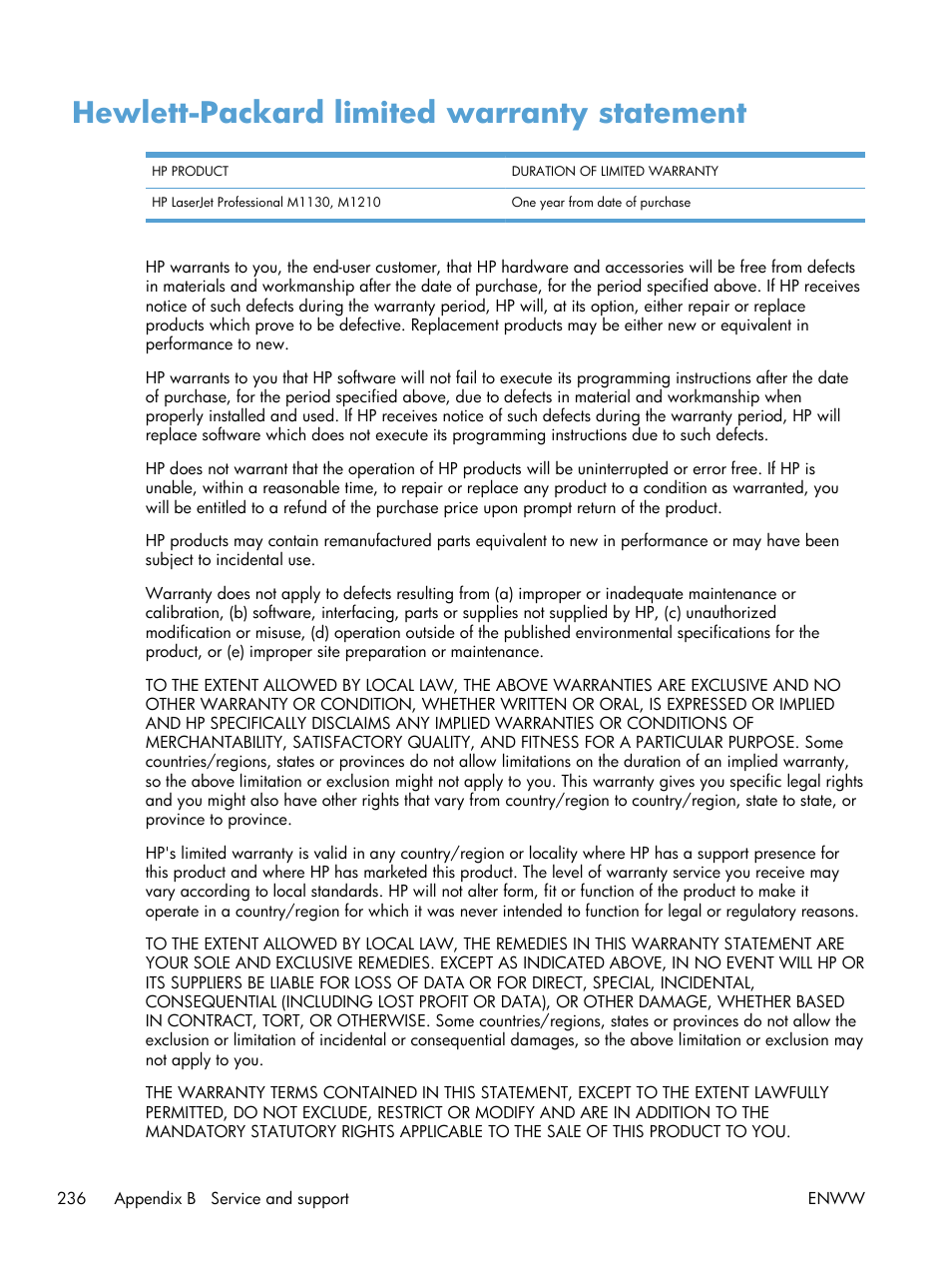 Hewlett-packard limited warranty statement | HP laserjet m1212nf User Manual | Page 250 / 284
