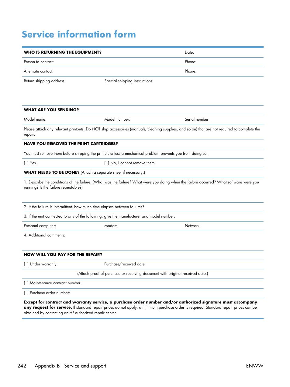 Service information form | HP laserjet m1212nf User Manual | Page 256 / 284
