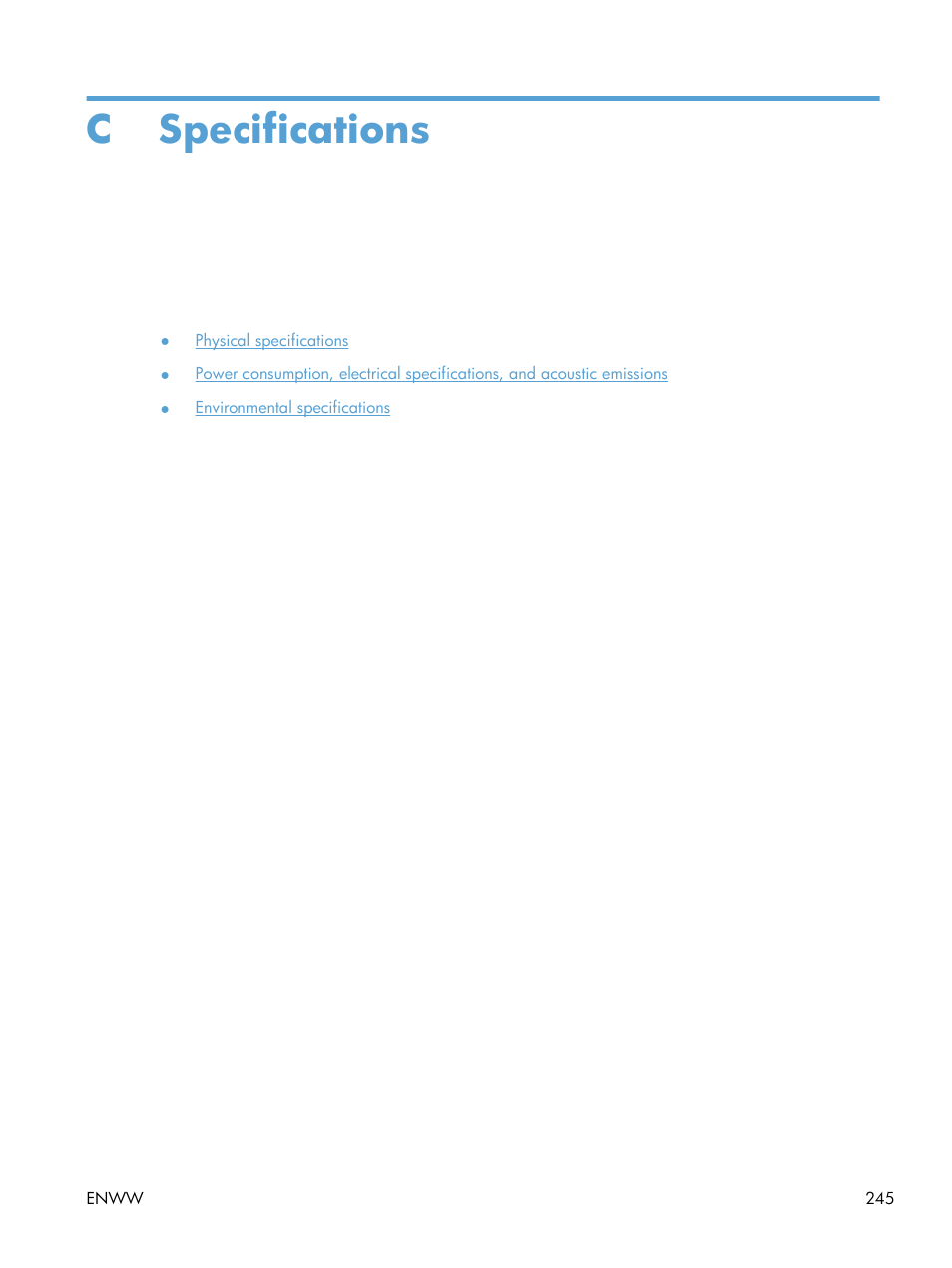 Specifications, Appendix c specifications, C specifications | HP laserjet m1212nf User Manual | Page 259 / 284