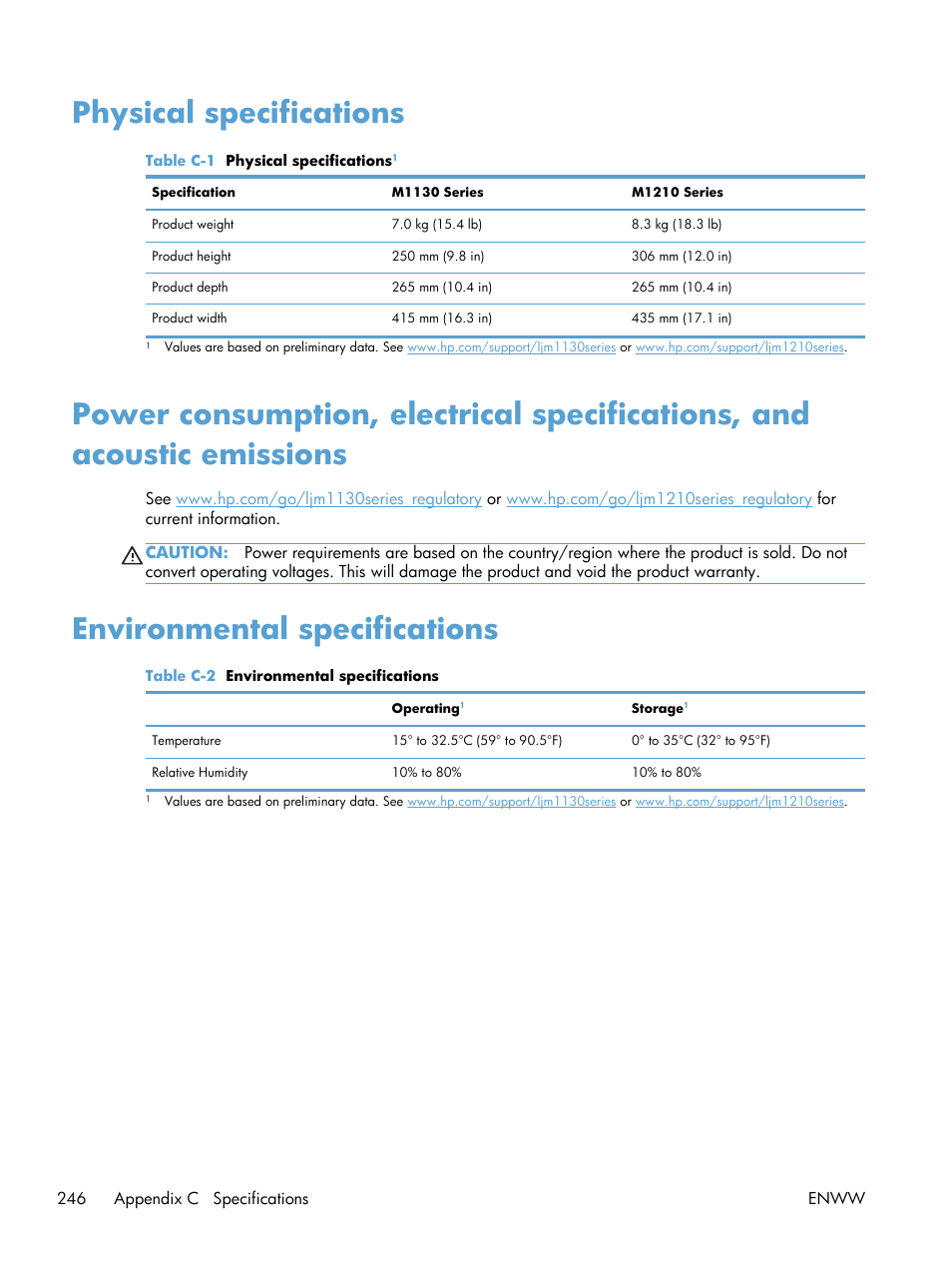 Physical specifications, Environmental specifications | HP laserjet m1212nf User Manual | Page 260 / 284