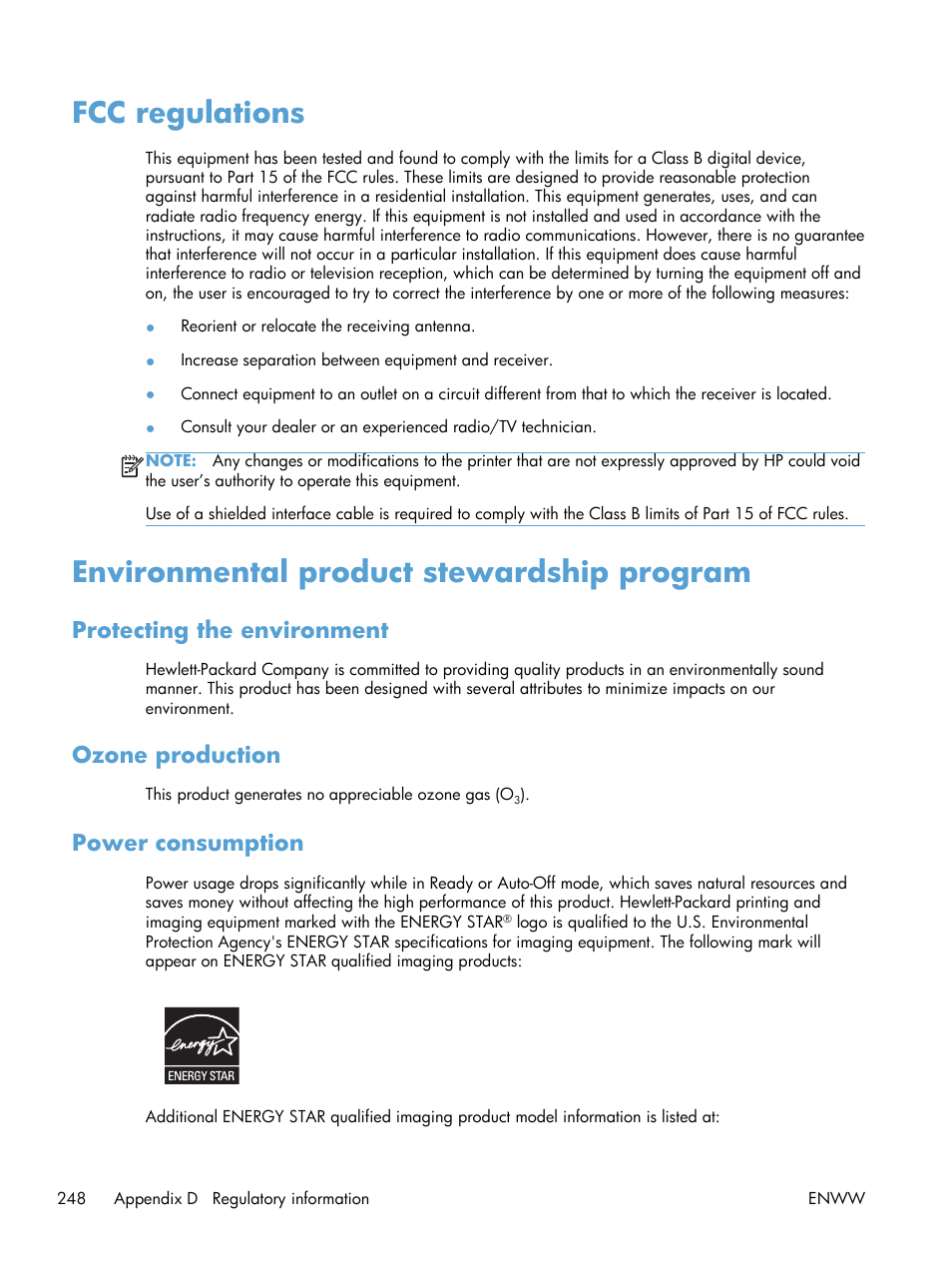 Fcc regulations, Environmental product stewardship program, Protecting the environment | Ozone production, Power consumption, Protecting the environment ozone production | HP laserjet m1212nf User Manual | Page 262 / 284