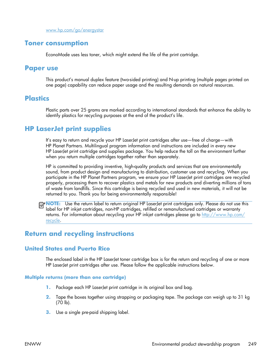 Toner consumption, Paper use, Plastics | Hp laserjet print supplies, Return and recycling instructions, United states and puerto rico, Multiple returns (more than one cartridge) | HP laserjet m1212nf User Manual | Page 263 / 284
