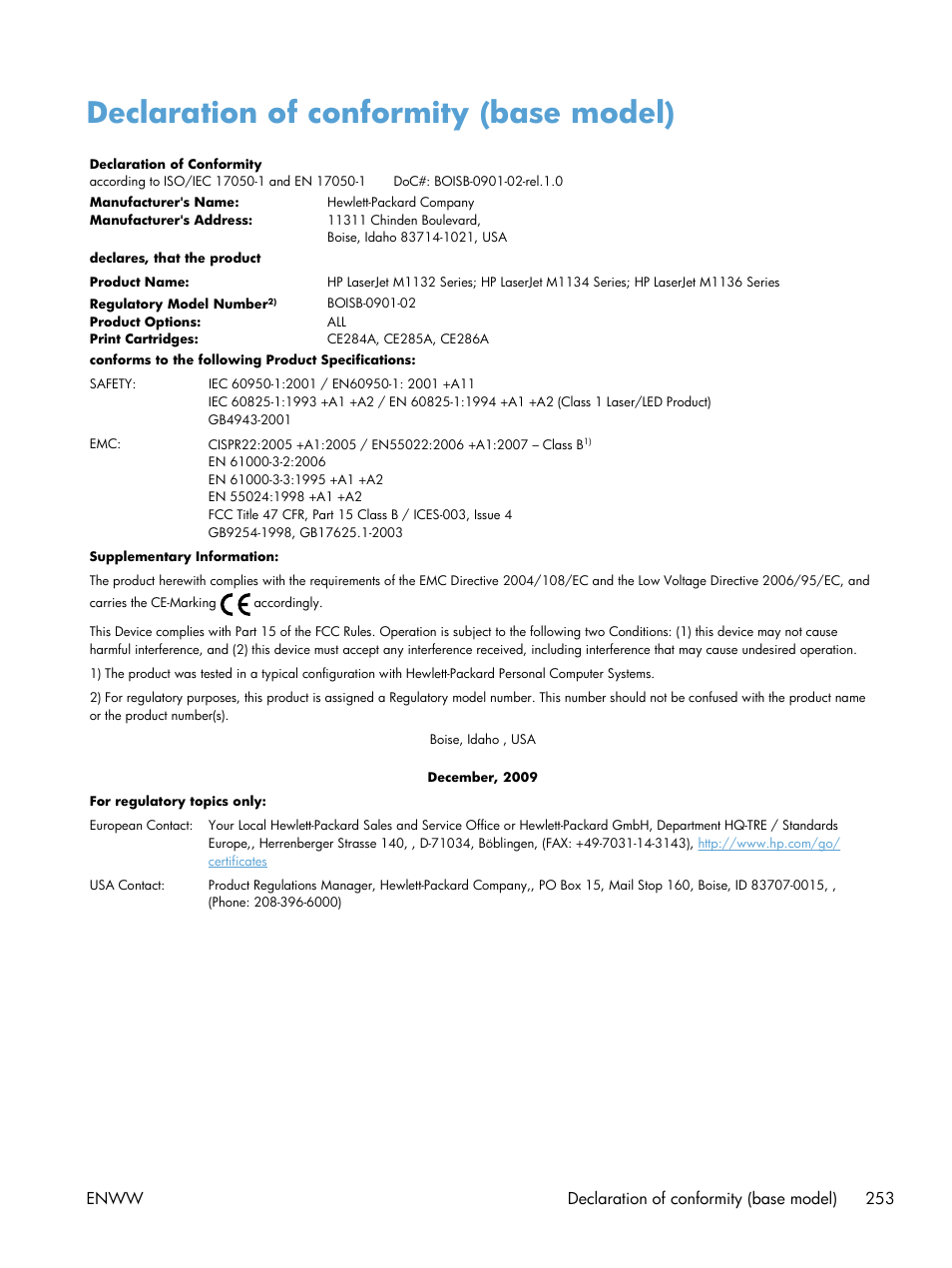 Declaration of conformity (base model) | HP laserjet m1212nf User Manual | Page 267 / 284