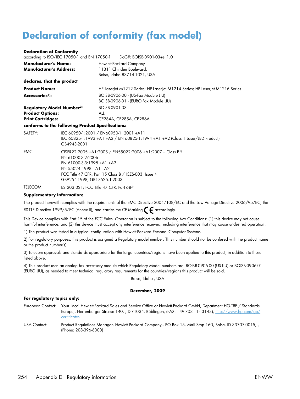 Declaration of conformity (fax model), 254 appendix d regulatory information enww | HP laserjet m1212nf User Manual | Page 268 / 284
