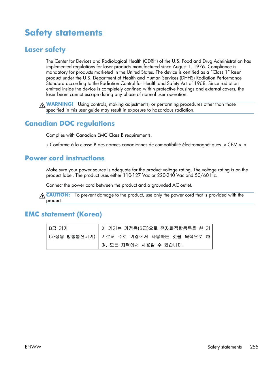 Safety statements, Laser safety, Canadian doc regulations | Power cord instructions, Emc statement (korea) | HP laserjet m1212nf User Manual | Page 269 / 284