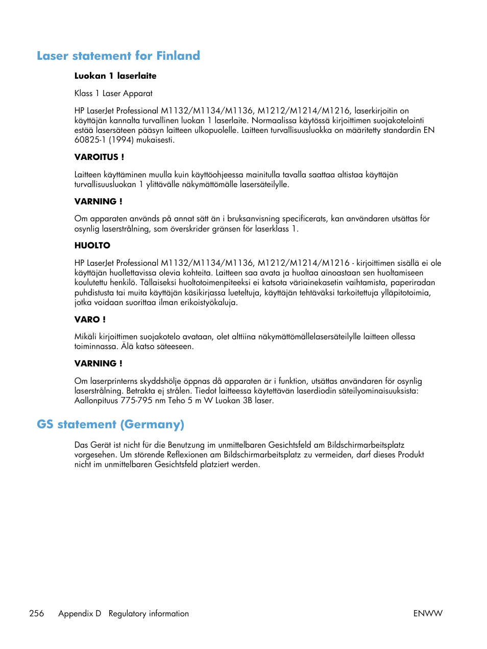Laser statement for finland, Gs statement (germany), Laser statement for finland gs statement (germany) | HP laserjet m1212nf User Manual | Page 270 / 284