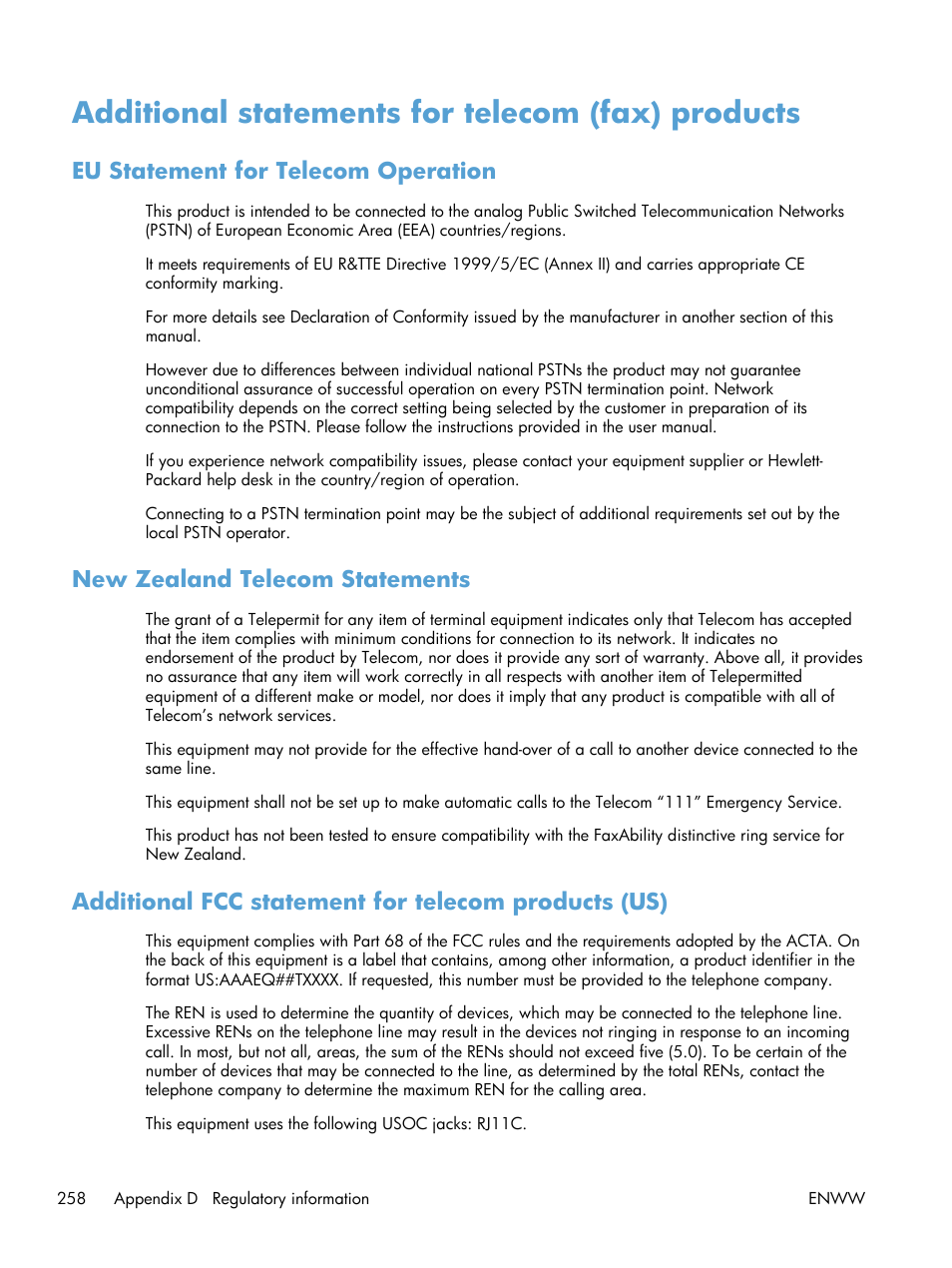 Additional statements for telecom (fax) products, Eu statement for telecom operation, New zealand telecom statements | Additional fcc statement for telecom products (us) | HP laserjet m1212nf User Manual | Page 272 / 284