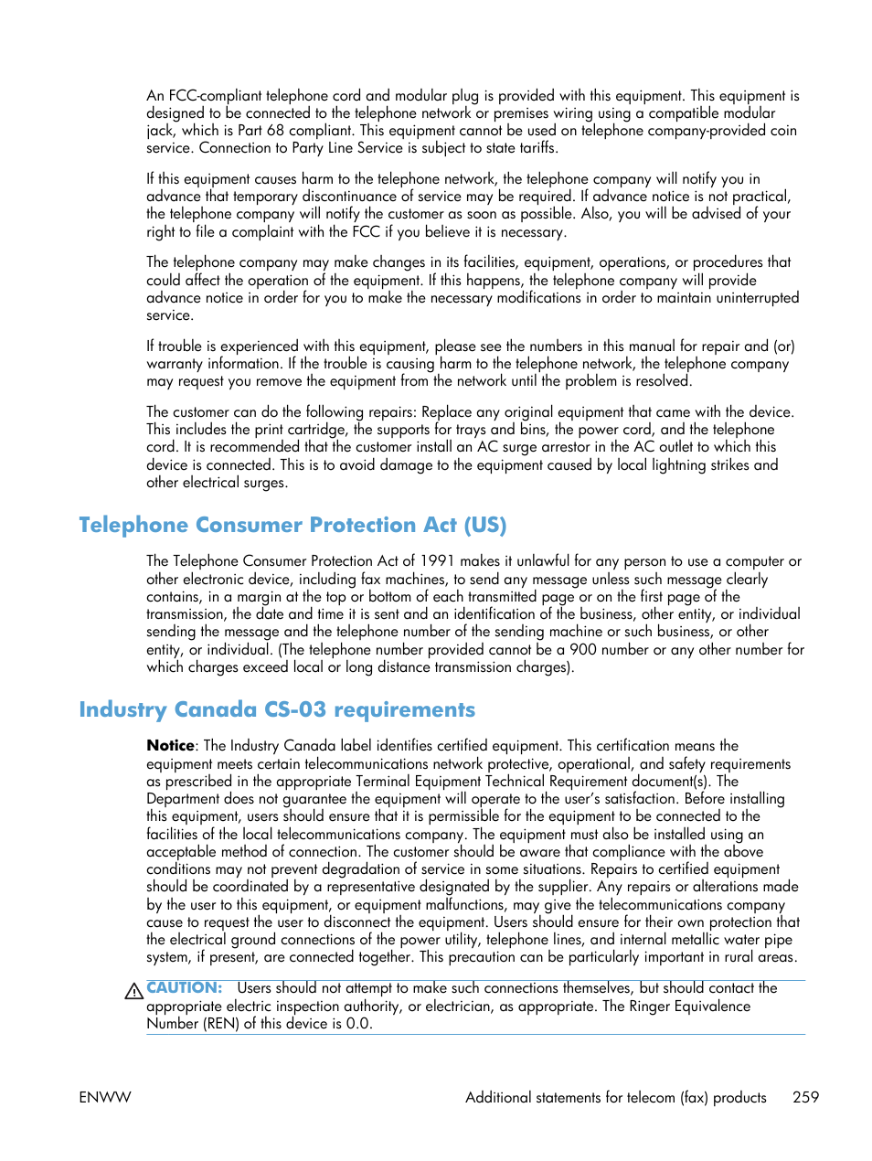 Telephone consumer protection act (us), Industry canada cs-03 requirements | HP laserjet m1212nf User Manual | Page 273 / 284