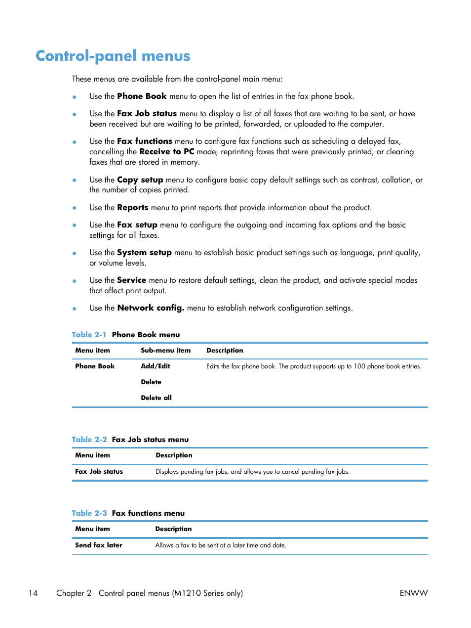 Control-panel menus | HP laserjet m1212nf User Manual | Page 28 / 284