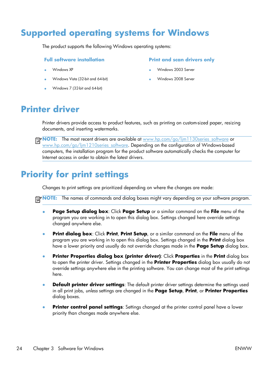 Supported operating systems for windows, Printer driver, Priority for print settings | HP laserjet m1212nf User Manual | Page 38 / 284
