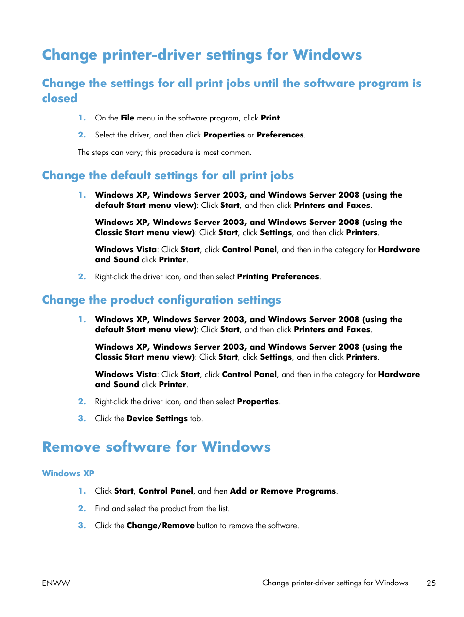 Change printer-driver settings for windows, Change the default settings for all print jobs, Change the product configuration settings | Remove software for windows | HP laserjet m1212nf User Manual | Page 39 / 284