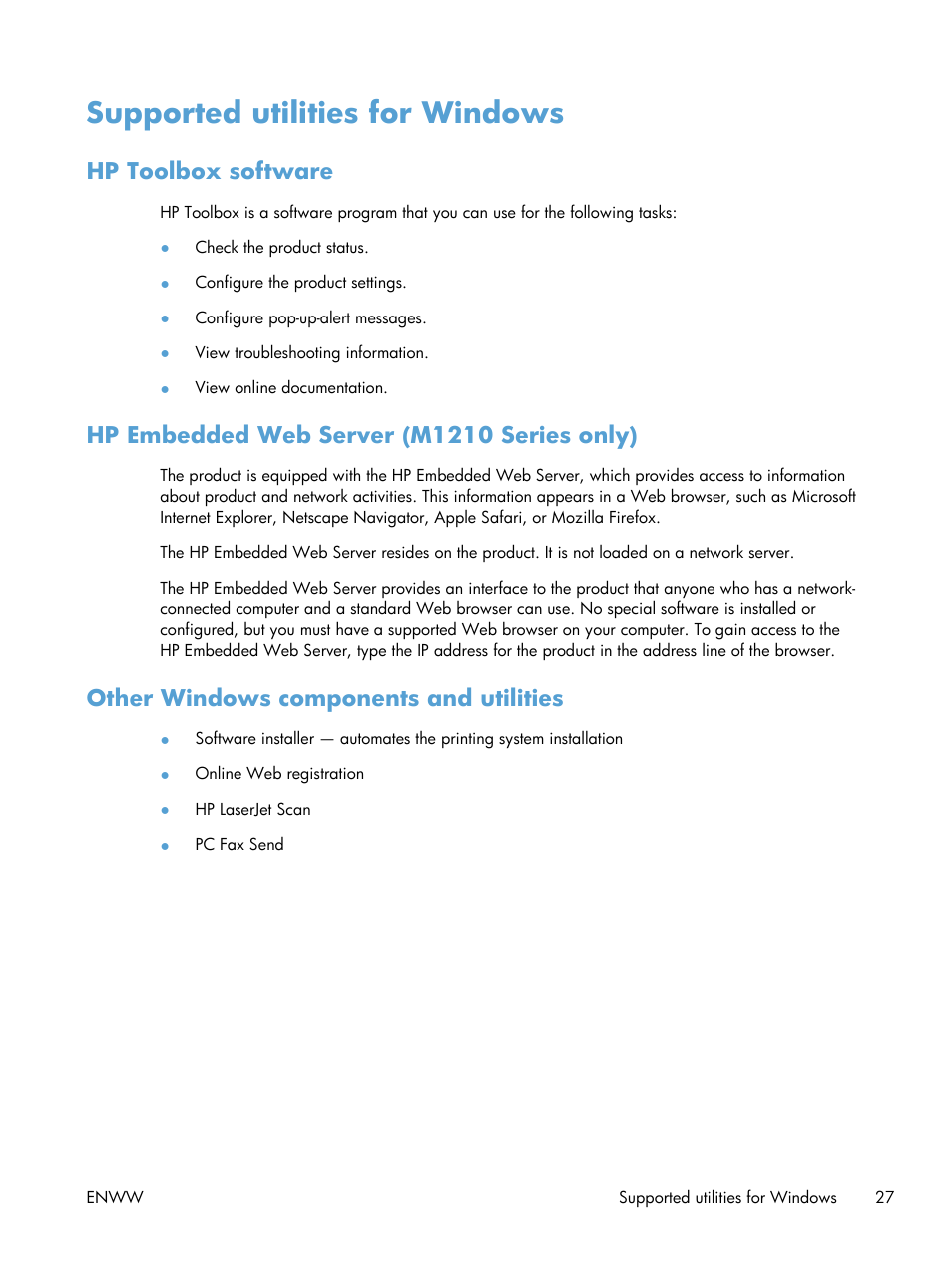 Supported utilities for windows, Hp toolbox software, Hp embedded web server (m1210 series only) | Other windows components and utilities | HP laserjet m1212nf User Manual | Page 41 / 284