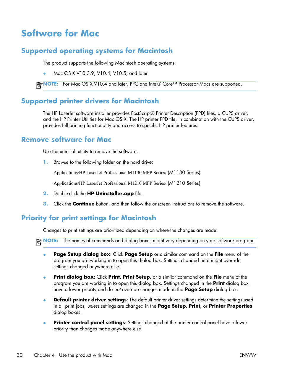 Software for mac, Supported operating systems for macintosh, Supported printer drivers for macintosh | Remove software for mac, Priority for print settings for macintosh | HP laserjet m1212nf User Manual | Page 44 / 284