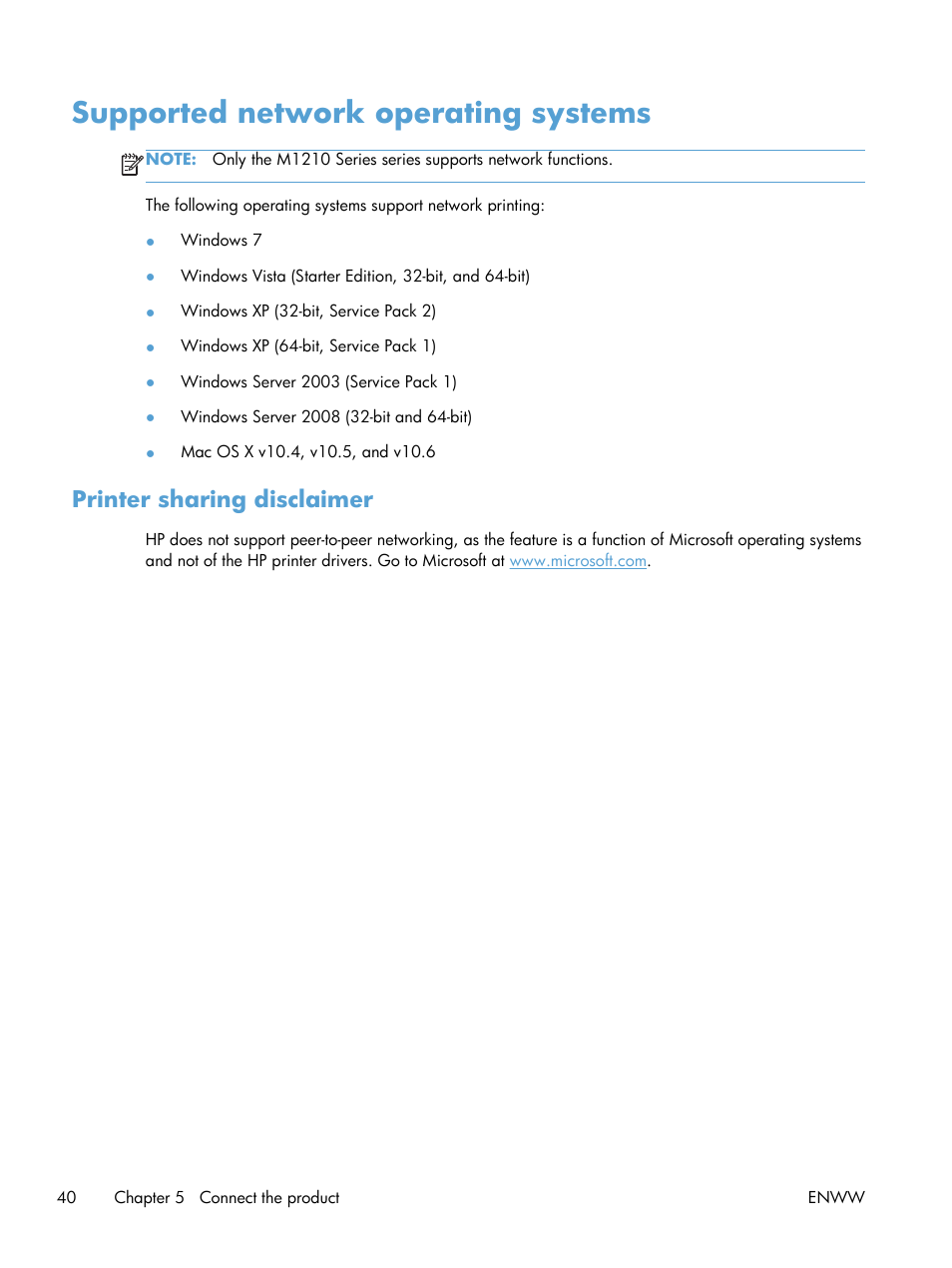 Supported network operating systems, Printer sharing disclaimer | HP laserjet m1212nf User Manual | Page 54 / 284