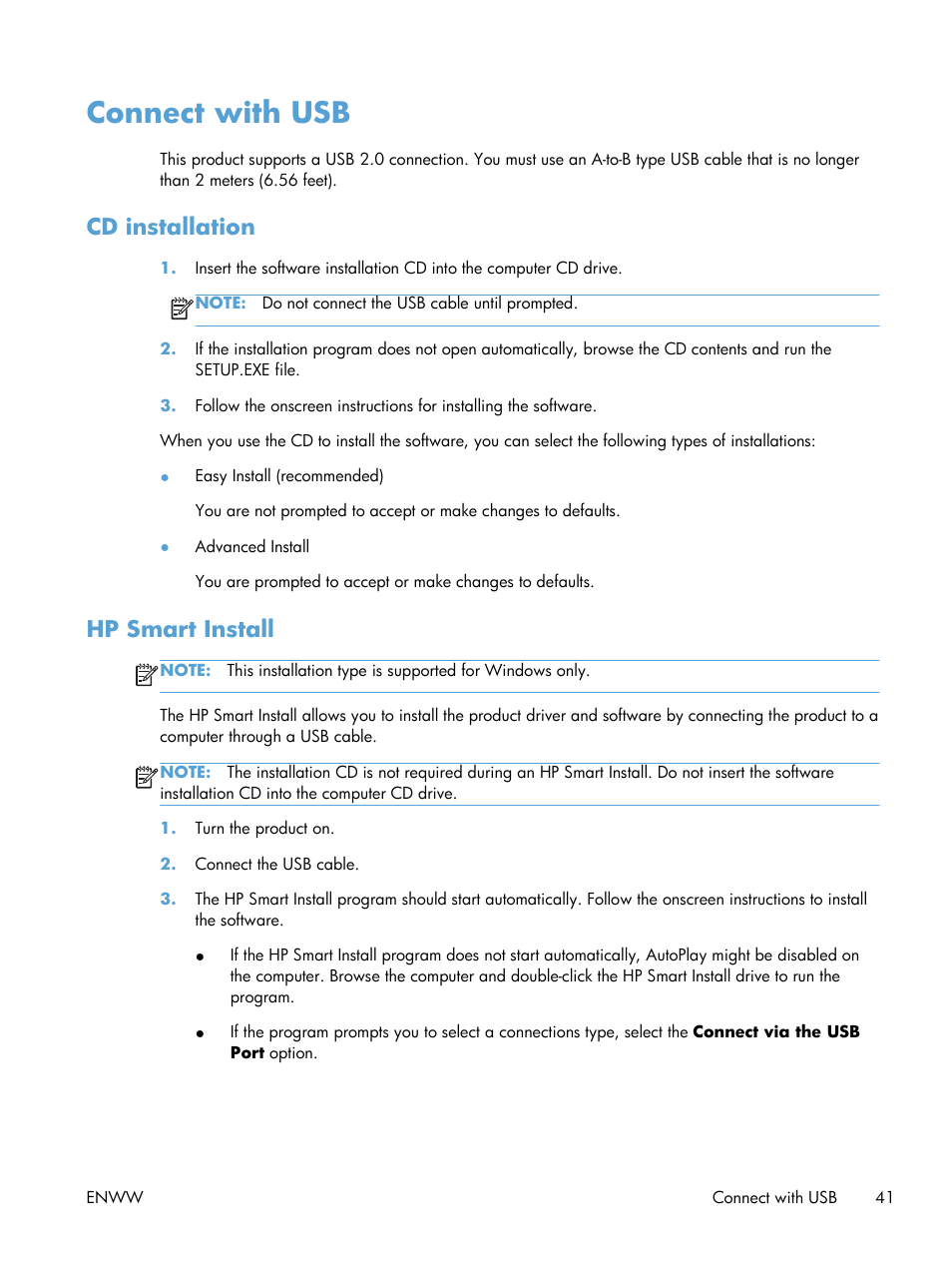 Connect with usb, Cd installation, Hp smart install | Cd installation hp smart install | HP laserjet m1212nf User Manual | Page 55 / 284