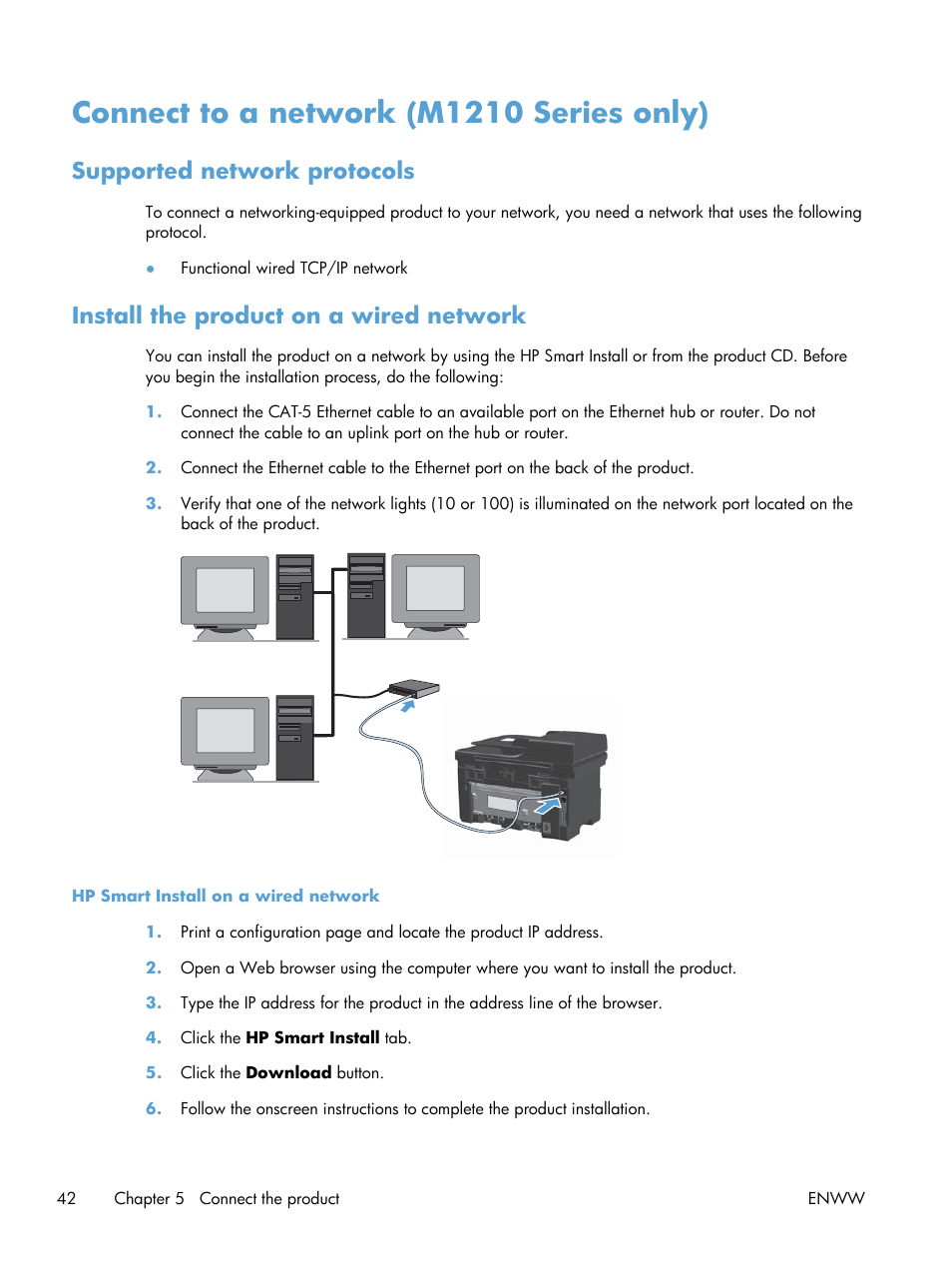 Connect to a network (m1210 series only), Supported network protocols, Install the product on a wired network | HP laserjet m1212nf User Manual | Page 56 / 284