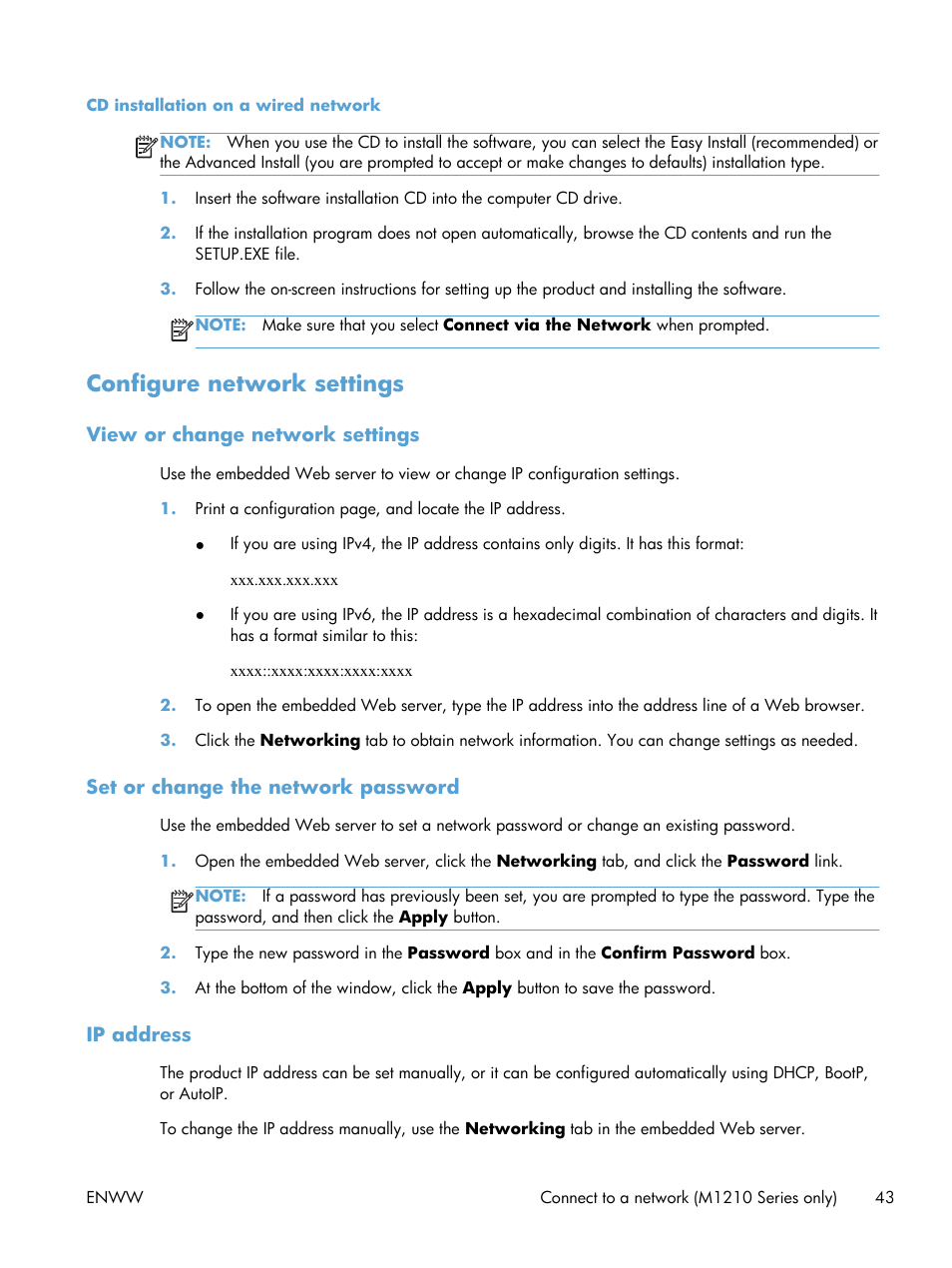Configure network settings, View or change network settings, Set or change the network password | Ip address | HP laserjet m1212nf User Manual | Page 57 / 284