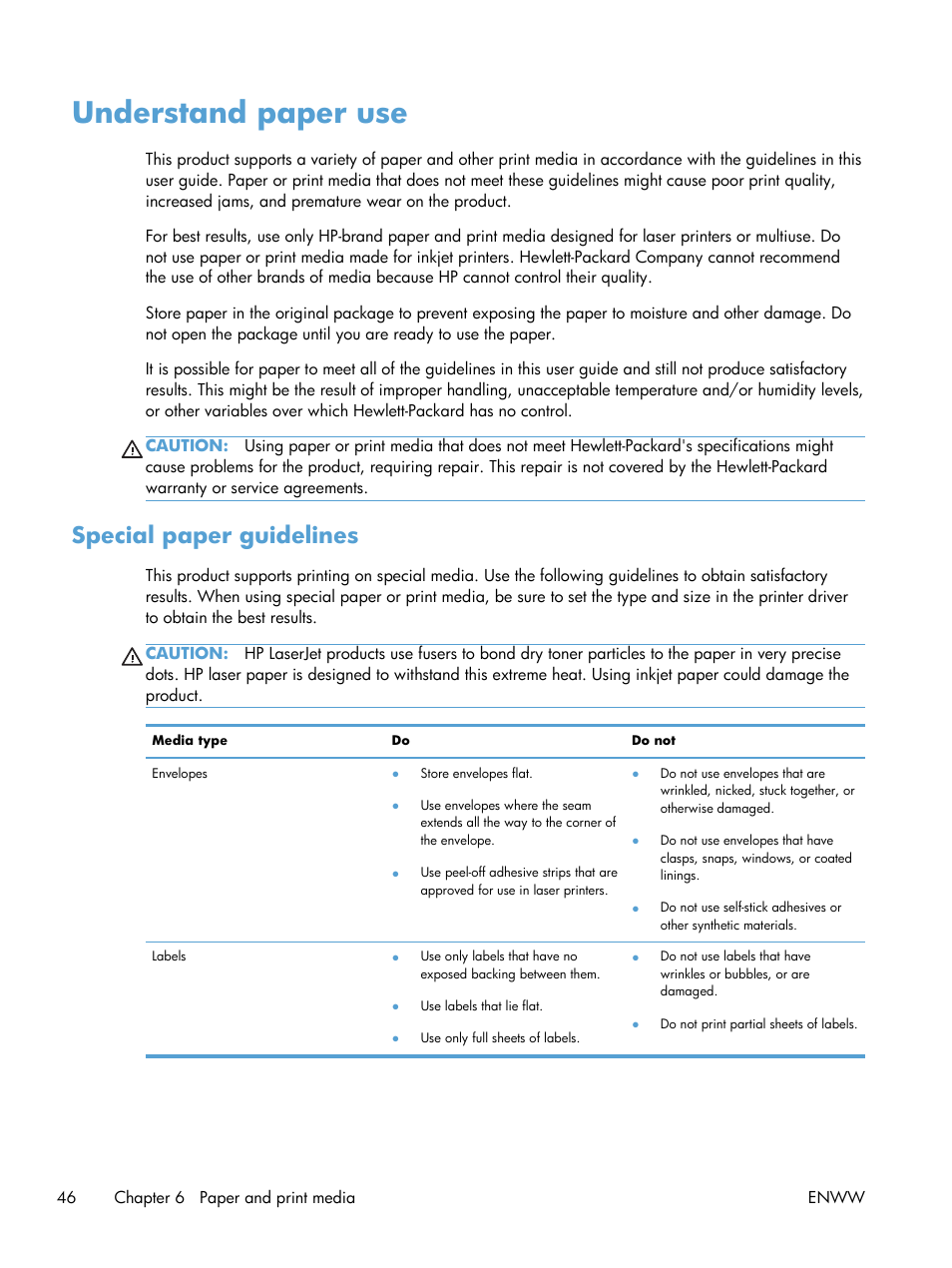 Understand paper use, Special paper guidelines | HP laserjet m1212nf User Manual | Page 60 / 284