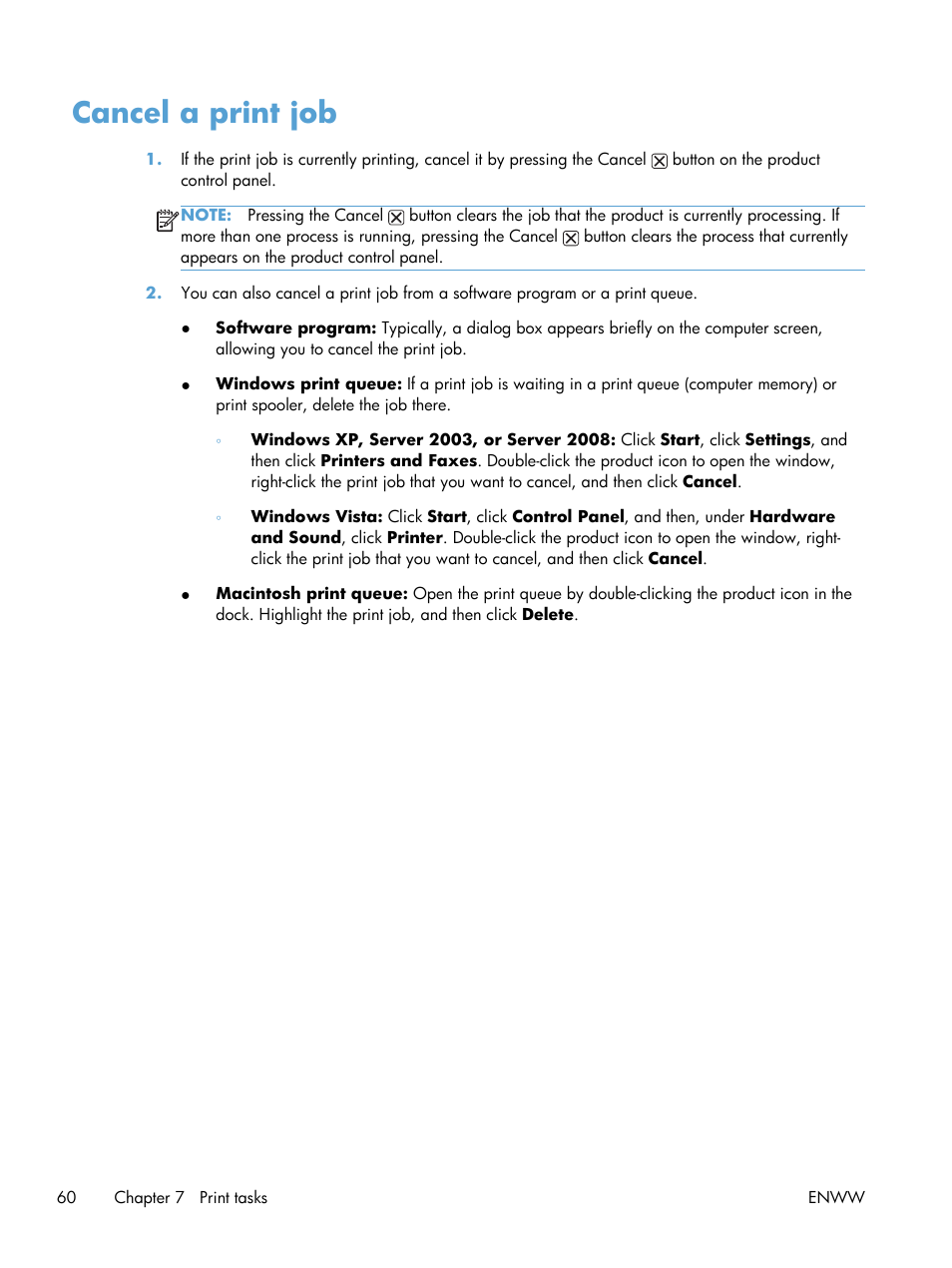 Cancel a print job | HP laserjet m1212nf User Manual | Page 74 / 284