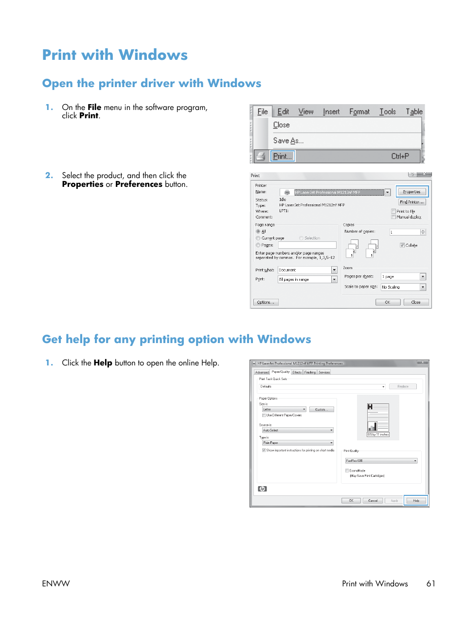 Print with windows, Open the printer driver with windows, Get help for any printing option with windows | HP laserjet m1212nf User Manual | Page 75 / 284