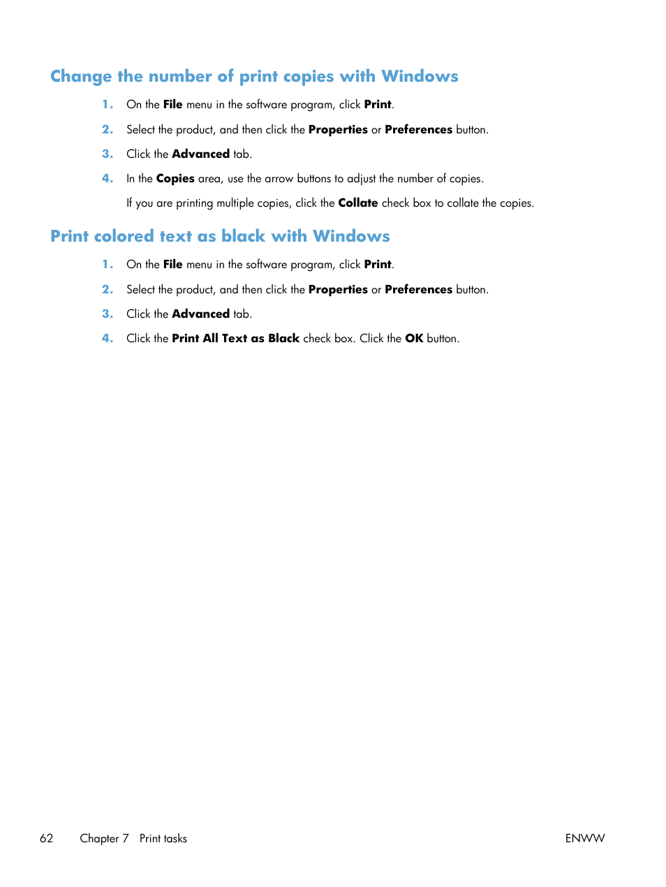 Change the number of print copies with windows, Print colored text as black with windows | HP laserjet m1212nf User Manual | Page 76 / 284