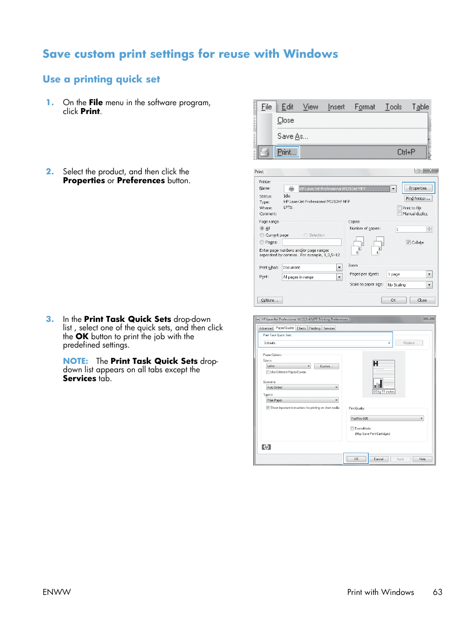Save custom print settings for reuse with windows, Use a printing quick set | HP laserjet m1212nf User Manual | Page 77 / 284