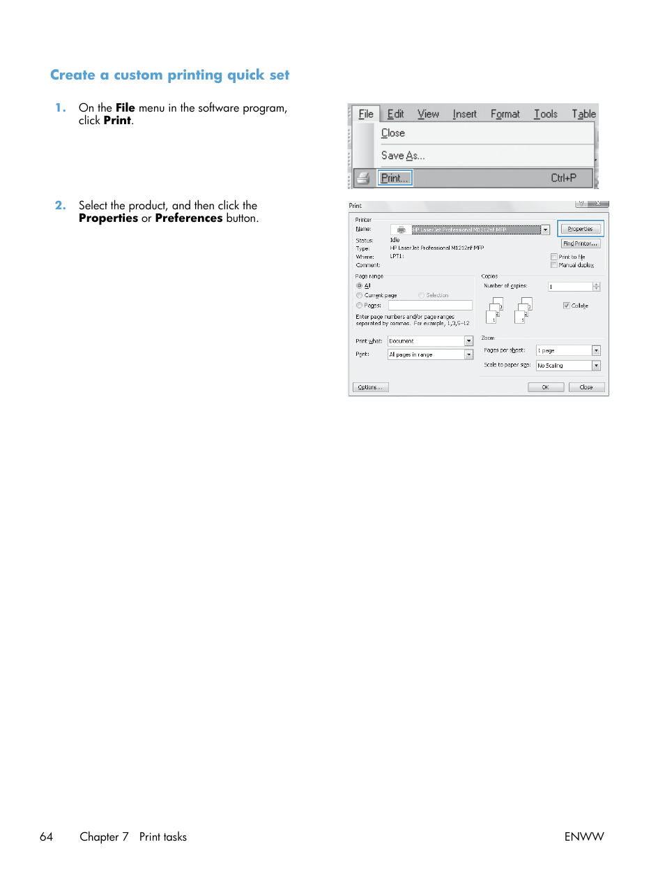 Create a custom printing quick set | HP laserjet m1212nf User Manual | Page 78 / 284