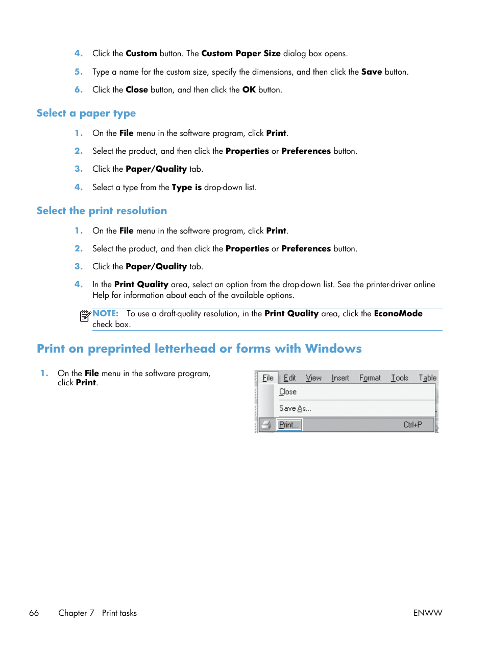 Select a paper type, Select the print resolution | HP laserjet m1212nf User Manual | Page 80 / 284
