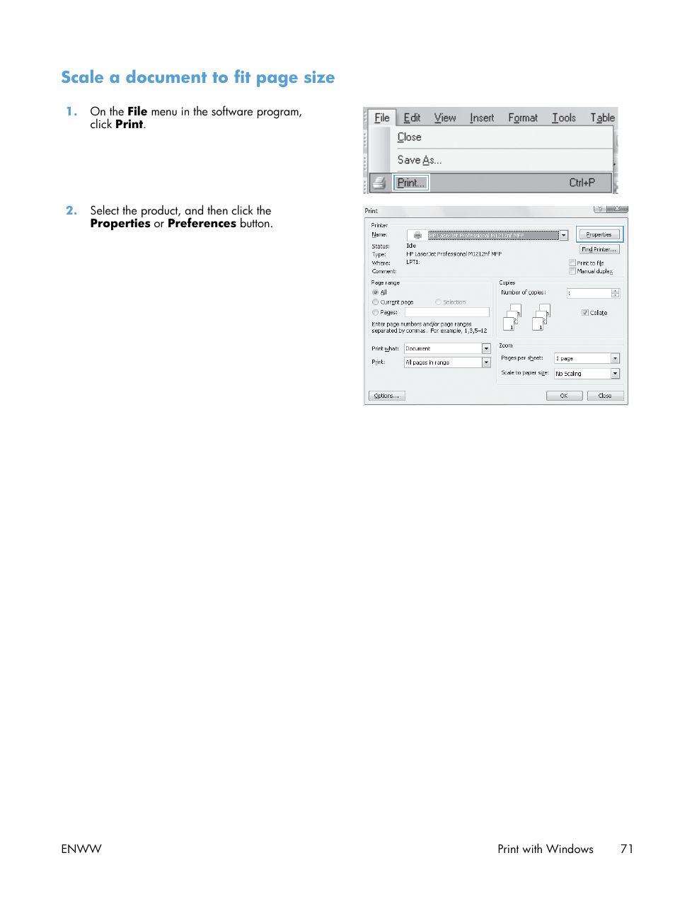 Scale a document to fit page size | HP laserjet m1212nf User Manual | Page 85 / 284