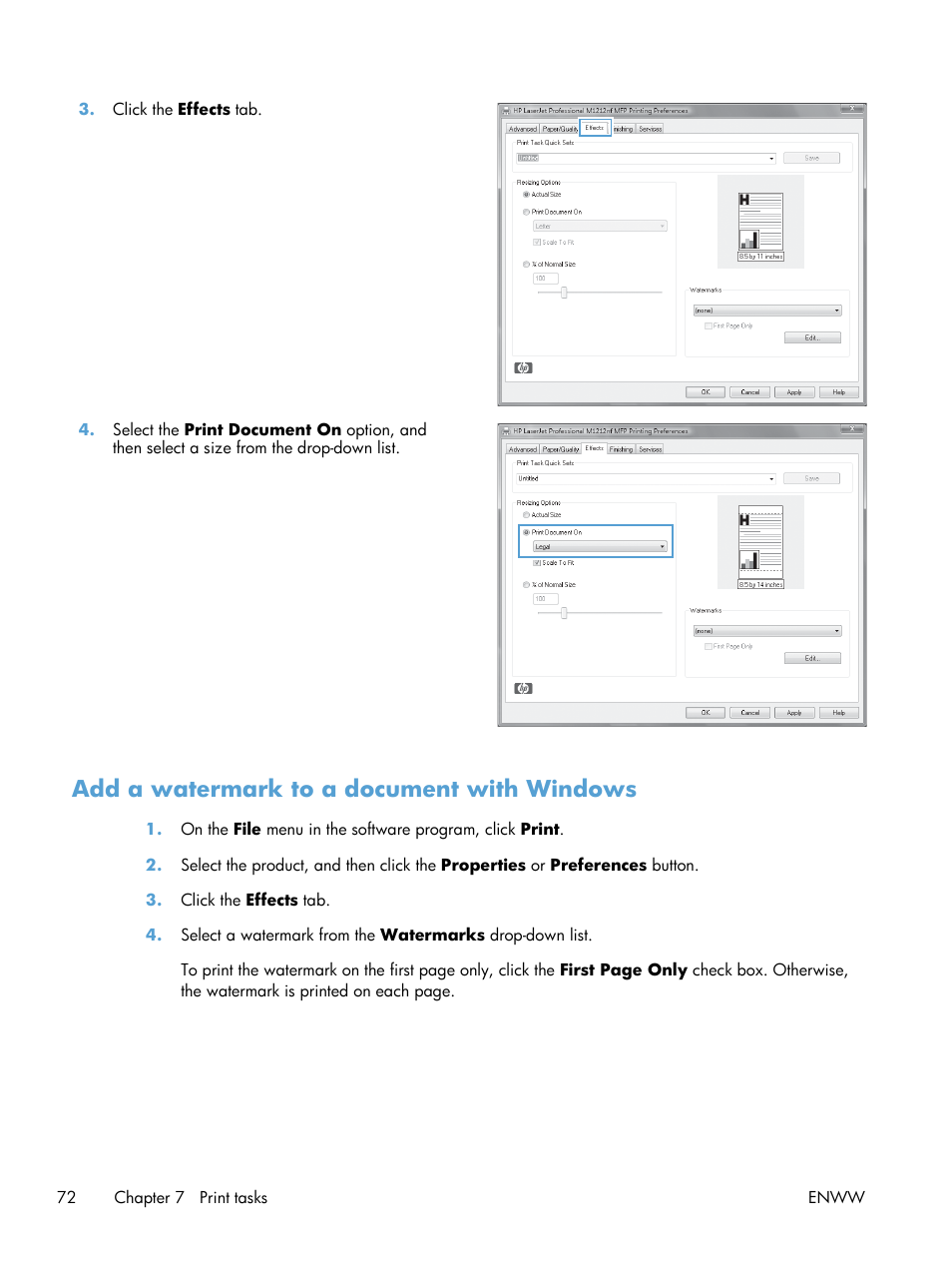 Add a watermark to a document with windows | HP laserjet m1212nf User Manual | Page 86 / 284