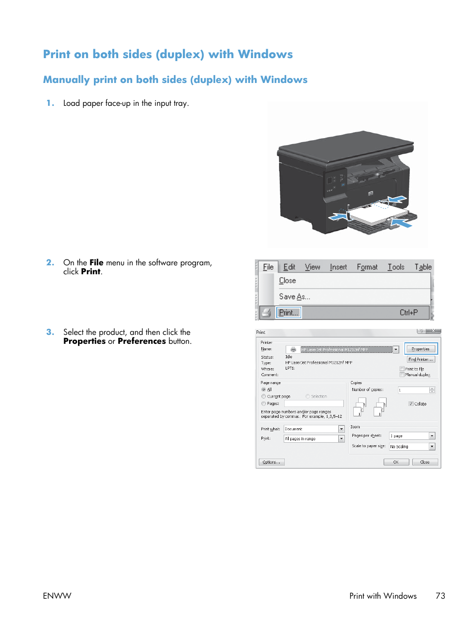 Print on both sides (duplex) with windows, Manually print on both sides (duplex) with windows | HP laserjet m1212nf User Manual | Page 87 / 284