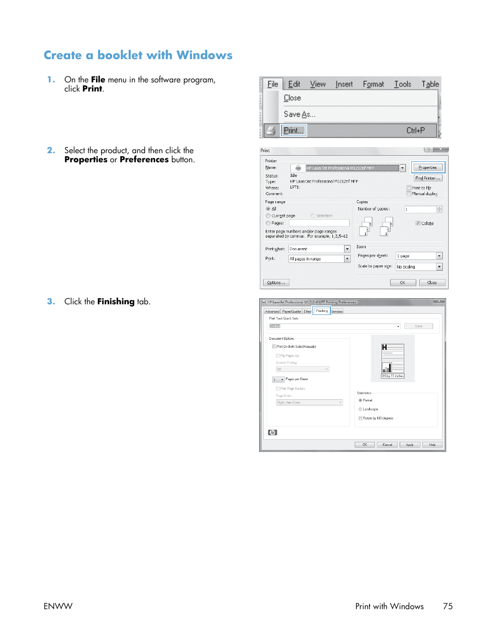 Create a booklet with windows | HP laserjet m1212nf User Manual | Page 89 / 284