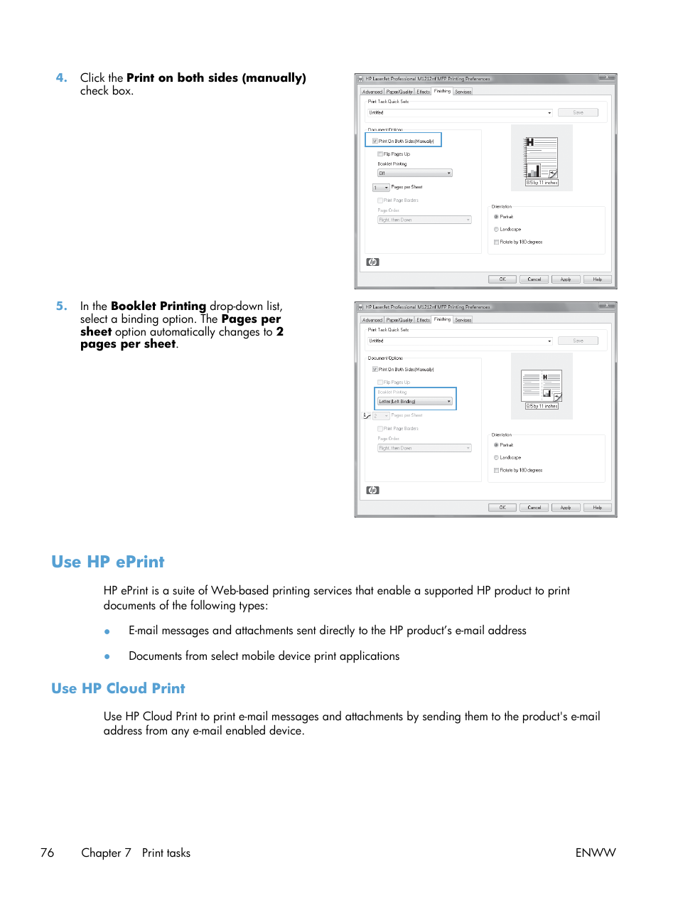 Use hp eprint, Use hp cloud print | HP laserjet m1212nf User Manual | Page 90 / 284