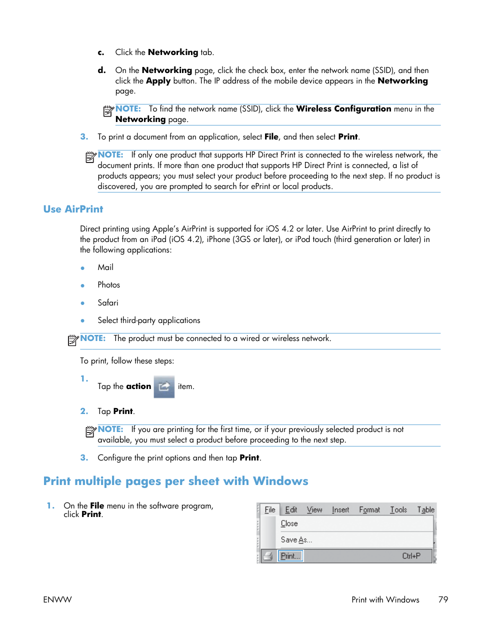 Use hp air print, Print multiple pages per sheet with windows | HP laserjet m1212nf User Manual | Page 93 / 284