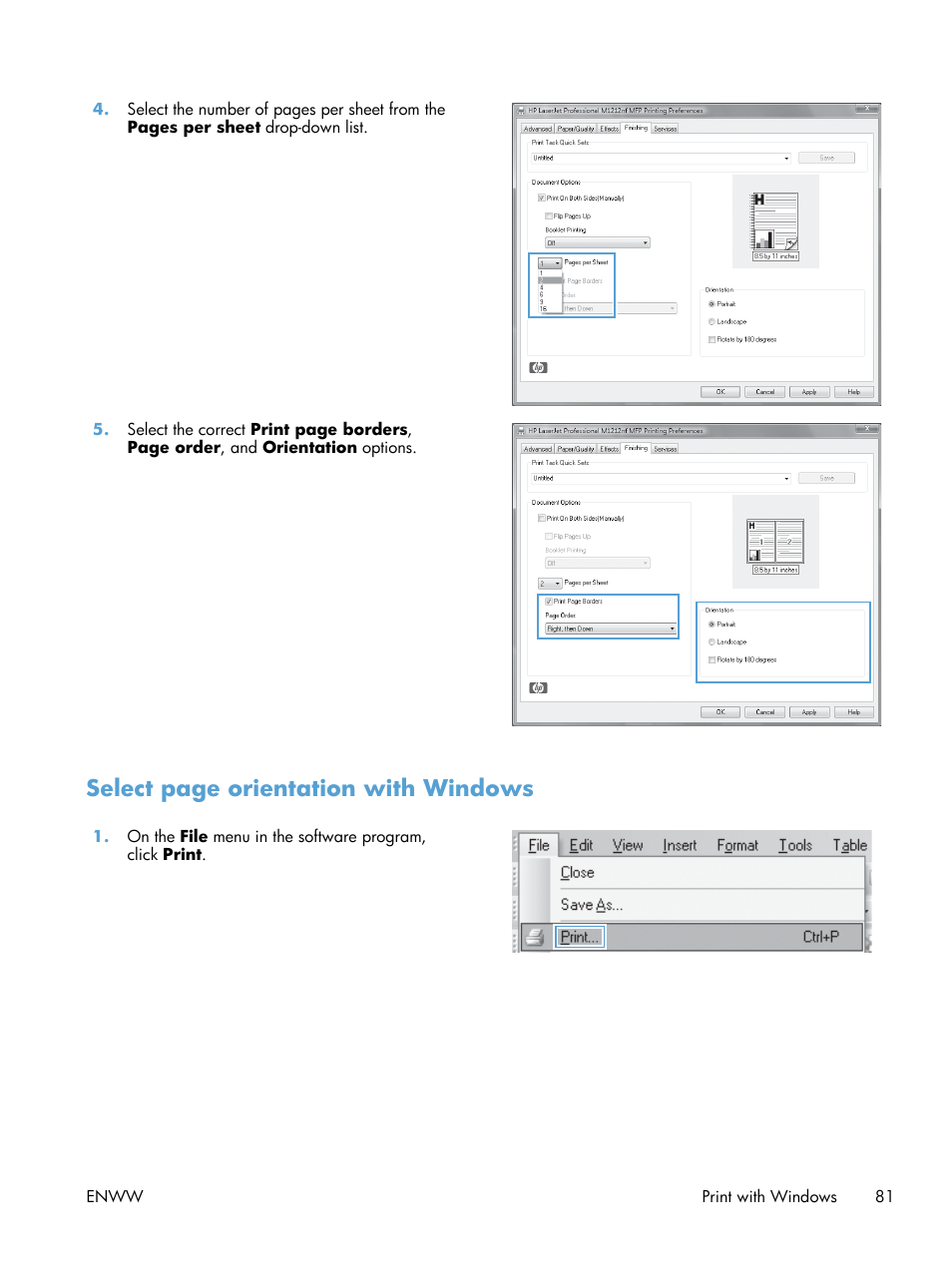 Select page orientation with windows | HP laserjet m1212nf User Manual | Page 95 / 284