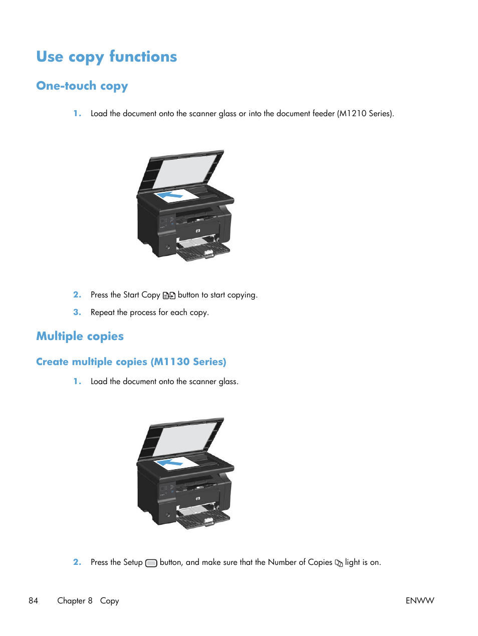 Use copy functions, One-touch copy, Multiple copies | Create multiple copies (m1130 series), One-touch copy multiple copies | HP laserjet m1212nf User Manual | Page 98 / 284