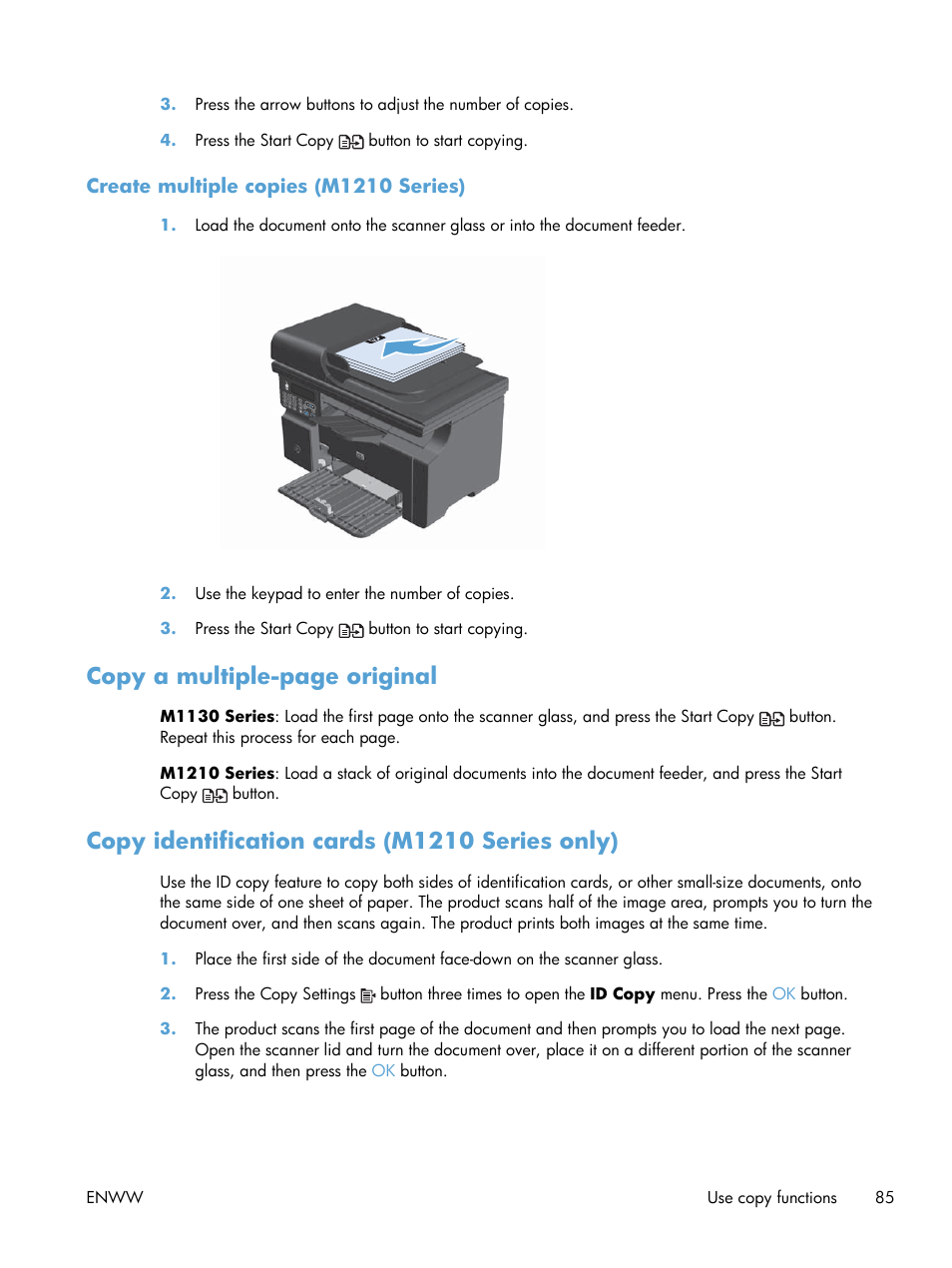 Create multiple copies (m1210 series), Copy identification cards (m1210 series only), Copy a multiple-page original | HP laserjet m1212nf User Manual | Page 99 / 284