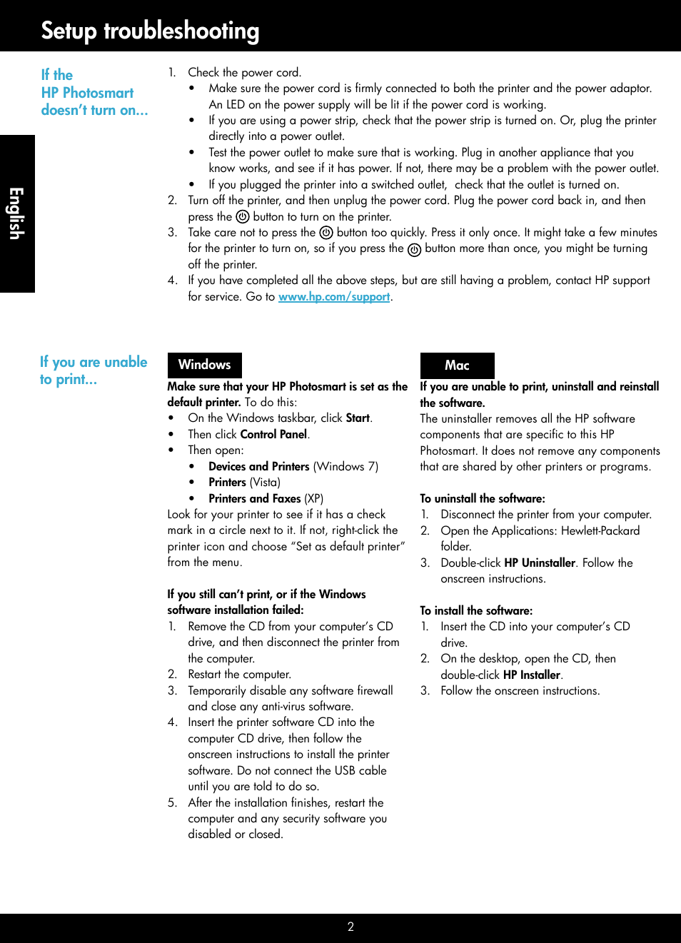 Setup troubleshooting, English | HP Photosmart D110 User Manual | Page 2 / 8
