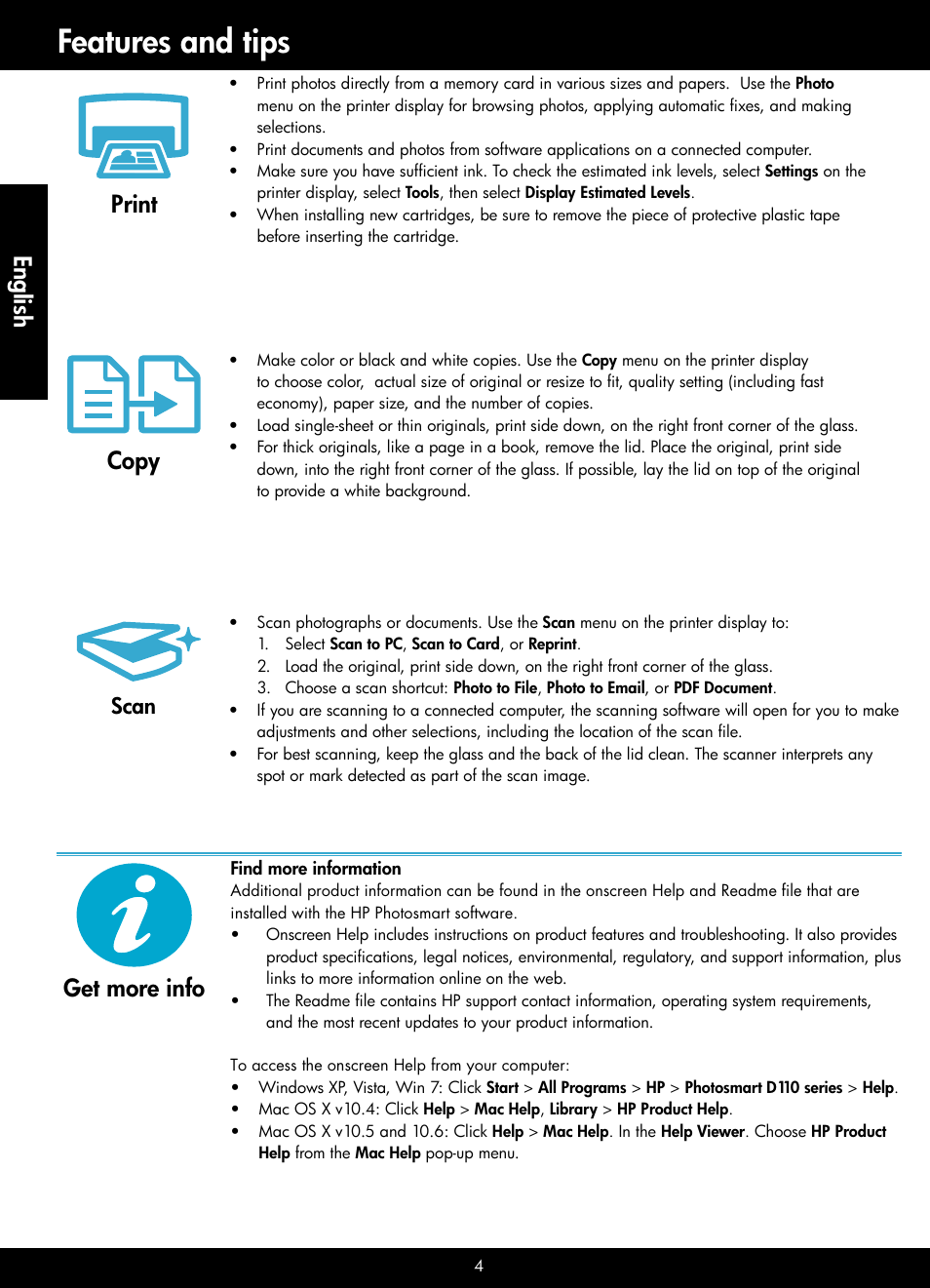 Features and tips, Copy print, Get more info english | Scan | HP Photosmart D110 User Manual | Page 4 / 8