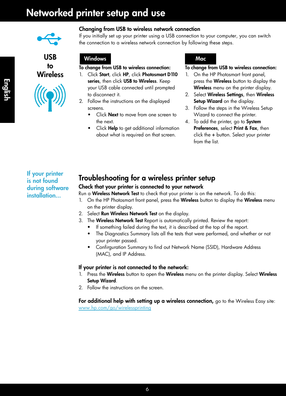 Networked printer setup and use, Usb to wireless, Troubleshooting for a wireless printer setup | English | HP Photosmart D110 User Manual | Page 6 / 8