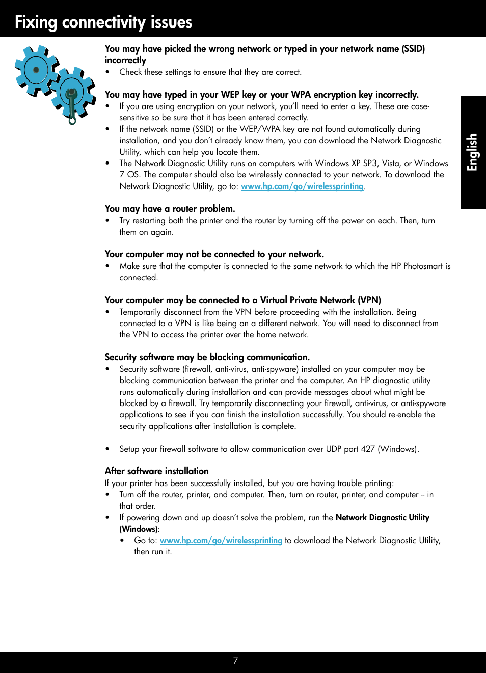 Fixing connectivity issues, English | HP Photosmart D110 User Manual | Page 7 / 8