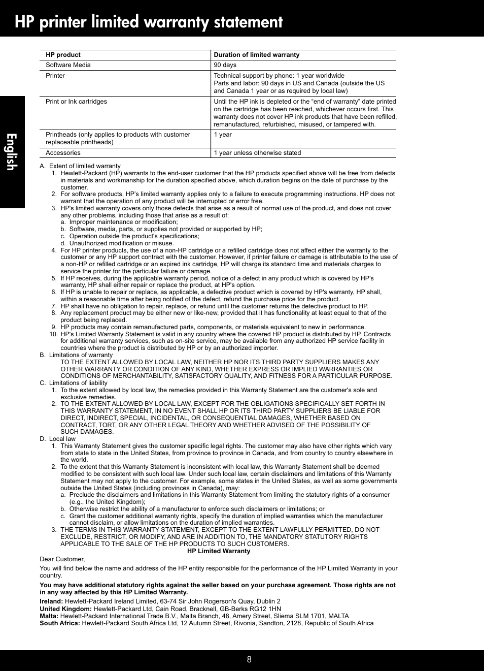 Hp printer limited warranty statement, English | HP Photosmart D110 User Manual | Page 8 / 8