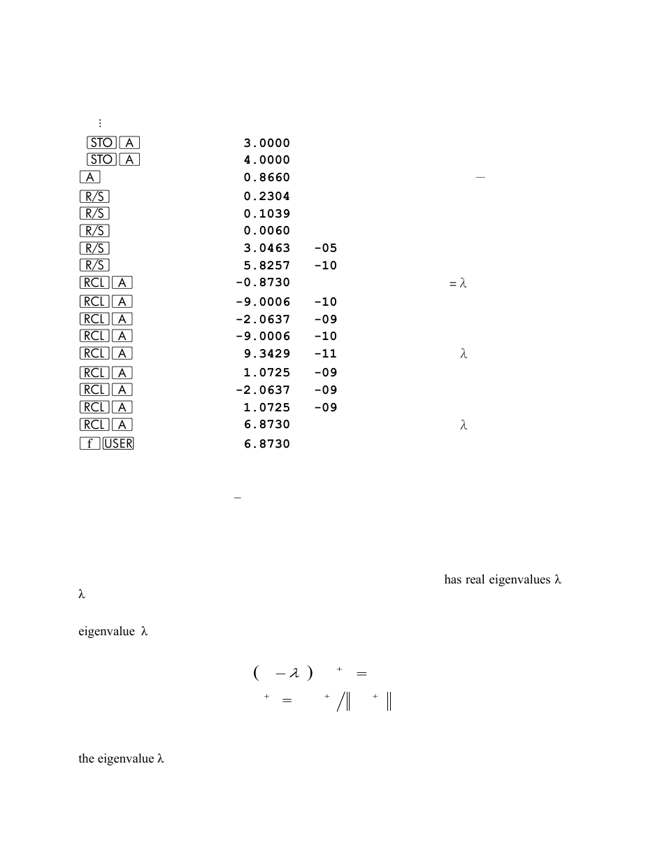 Eigenvectors of a symmetric real matrix, Keystrokes display | HP 15c User Manual | Page 130 / 186