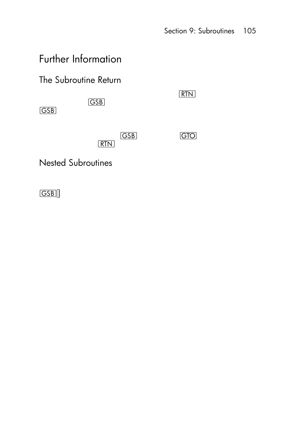 Further information, The subroutine return, Nested subroutines | HP 15c User Manual | Page 105 / 288