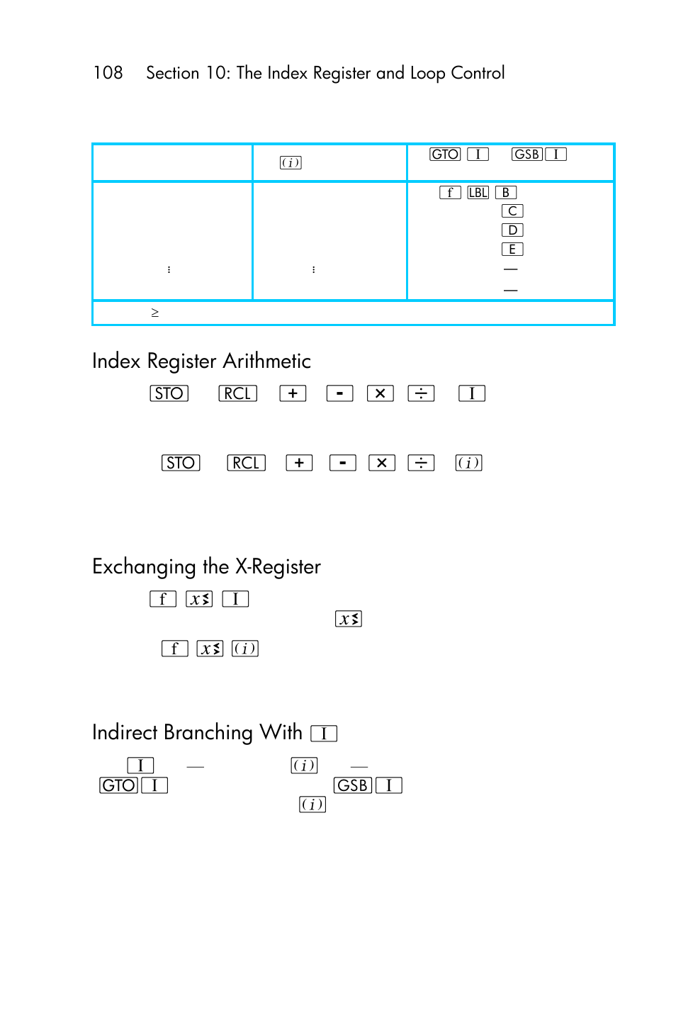 Index register arithmetic, Exchanging the x-register, Indirect branching with v | Indirect branching with | HP 15c User Manual | Page 108 / 288