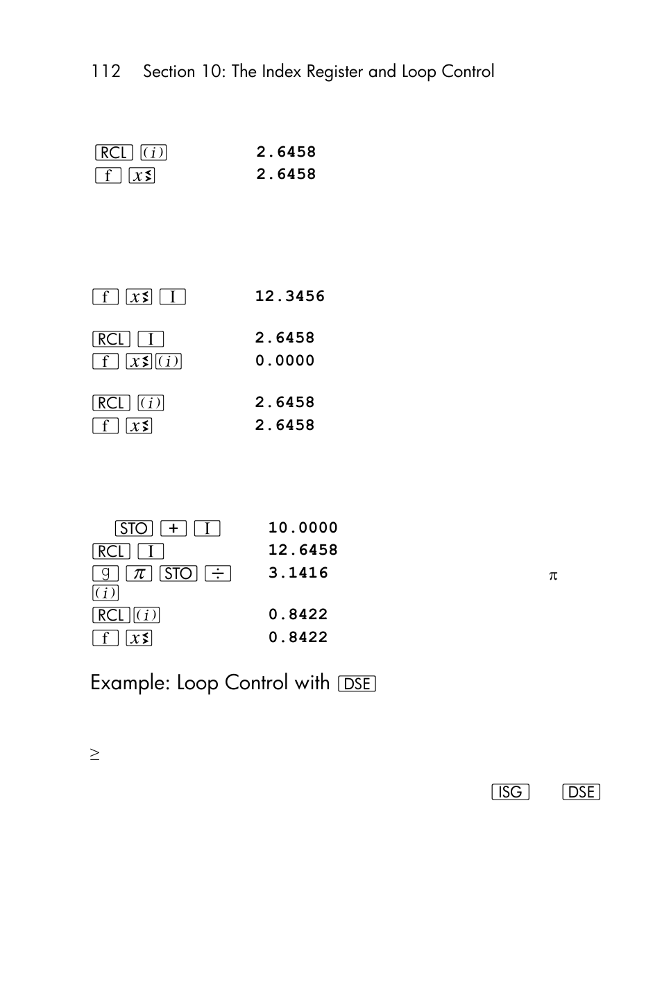 Example: loop control with s, Example: loop control with | HP 15c User Manual | Page 112 / 288