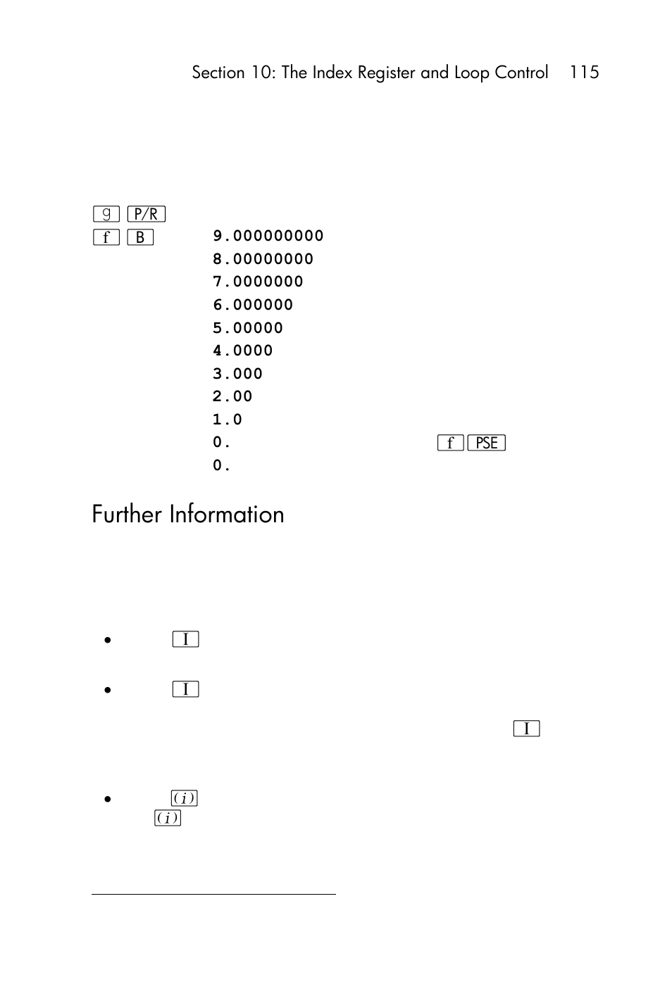 Further information, Index register contents, And e | HP 15c User Manual | Page 115 / 288