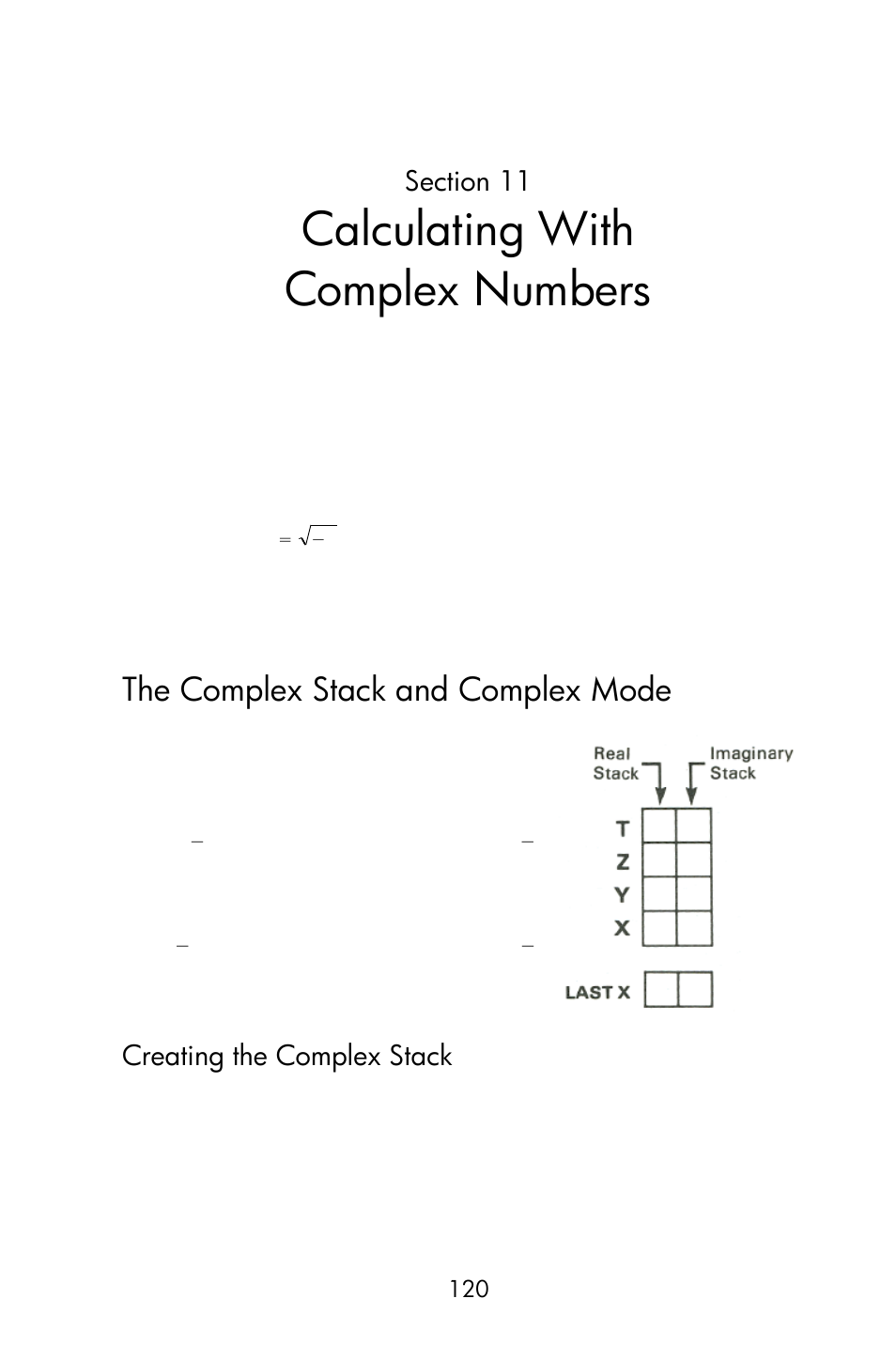 Section 11: calculating with complex numbers, The complex stack and complex mode, Creating the complex stack | Calculating with complex numbers | HP 15c User Manual | Page 120 / 288